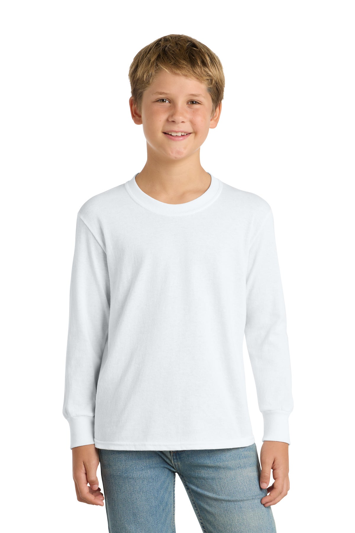 Custom White Youth Long Sleeve Core Cotton Tee PC54YLS, personalized by SanCanDo Swag in Argyle, TX