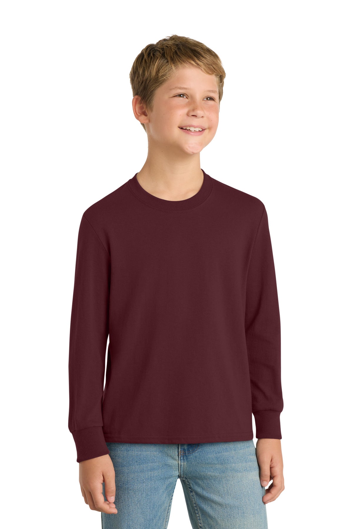 Custom Athletic Maroon Youth Long Sleeve Core Cotton Tee PC54YLS, personalized by SanCanDo Swag in Argyle, TX