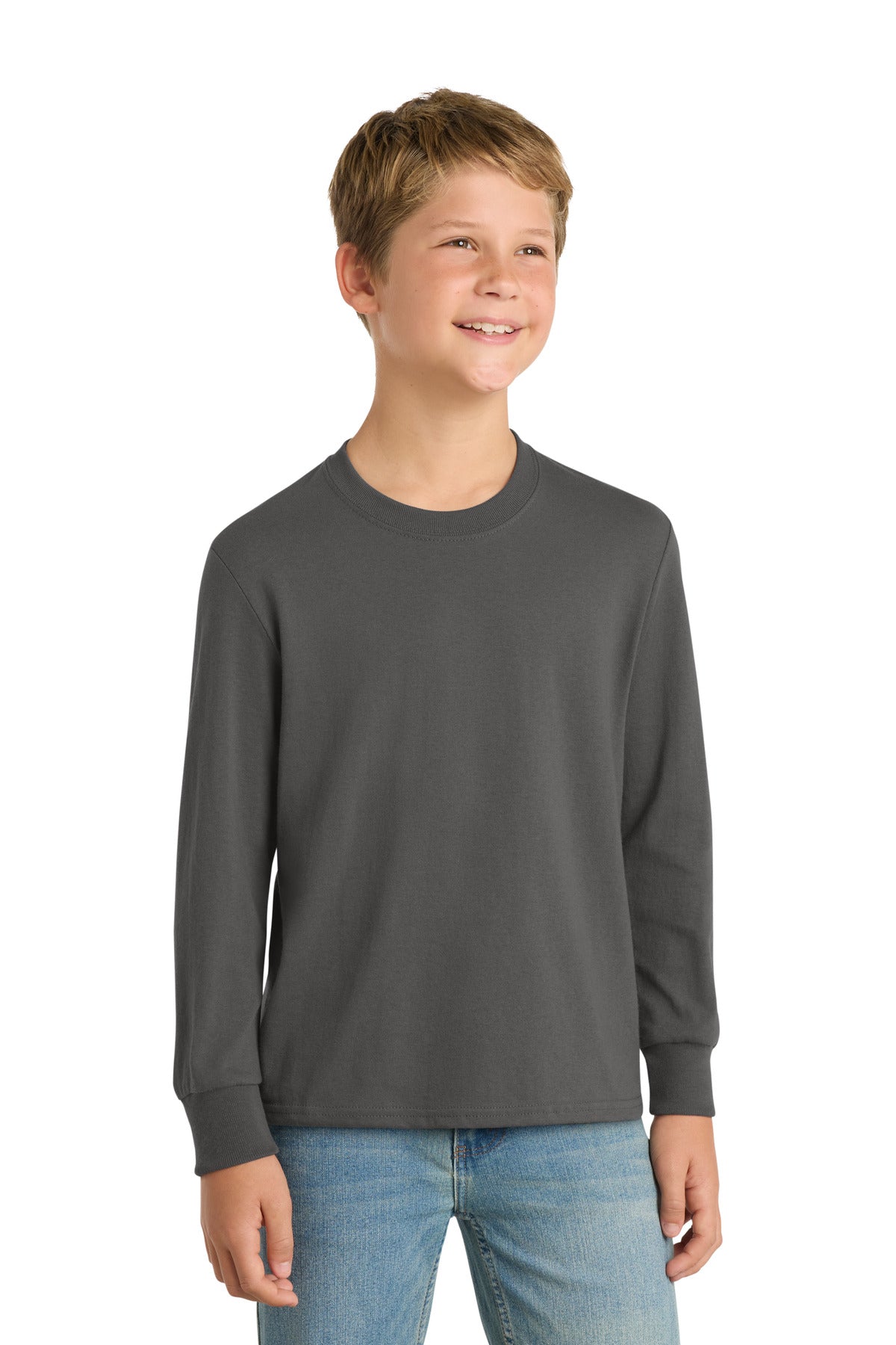 Custom Charcoal Youth Long Sleeve Core Cotton Tee PC54YLS, personalized by SanCanDo Swag in Argyle, TX
