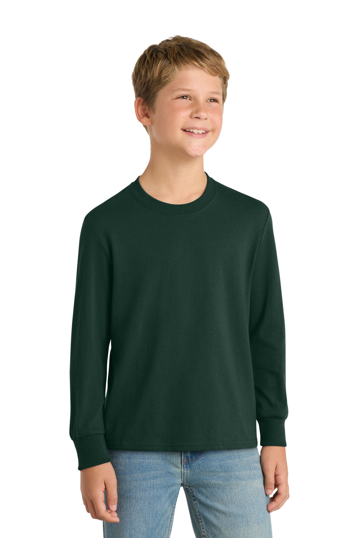Custom Dark Green Youth Long Sleeve Core Cotton Tee PC54YLS, personalized by SanCanDo Swag in Argyle, TX