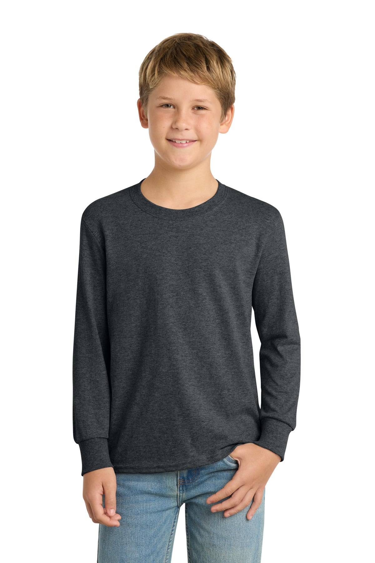 Custom Dark Heather Grey Youth Long Sleeve Core Cotton Tee PC54YLS, personalized by SanCanDo Swag in Argyle, TX