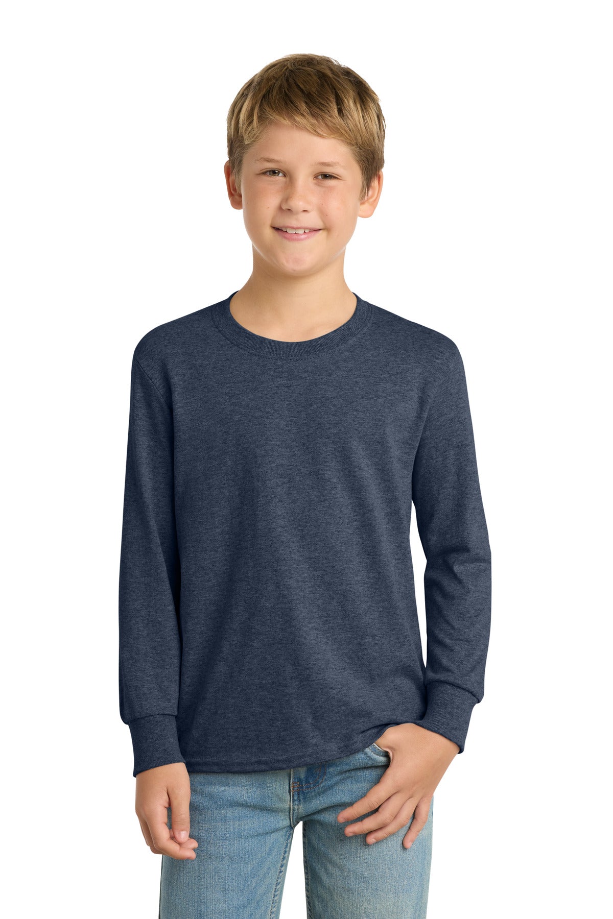 Custom Heather Navy Youth Long Sleeve Core Cotton Tee PC54YLS, personalized by SanCanDo Swag in Argyle, TX