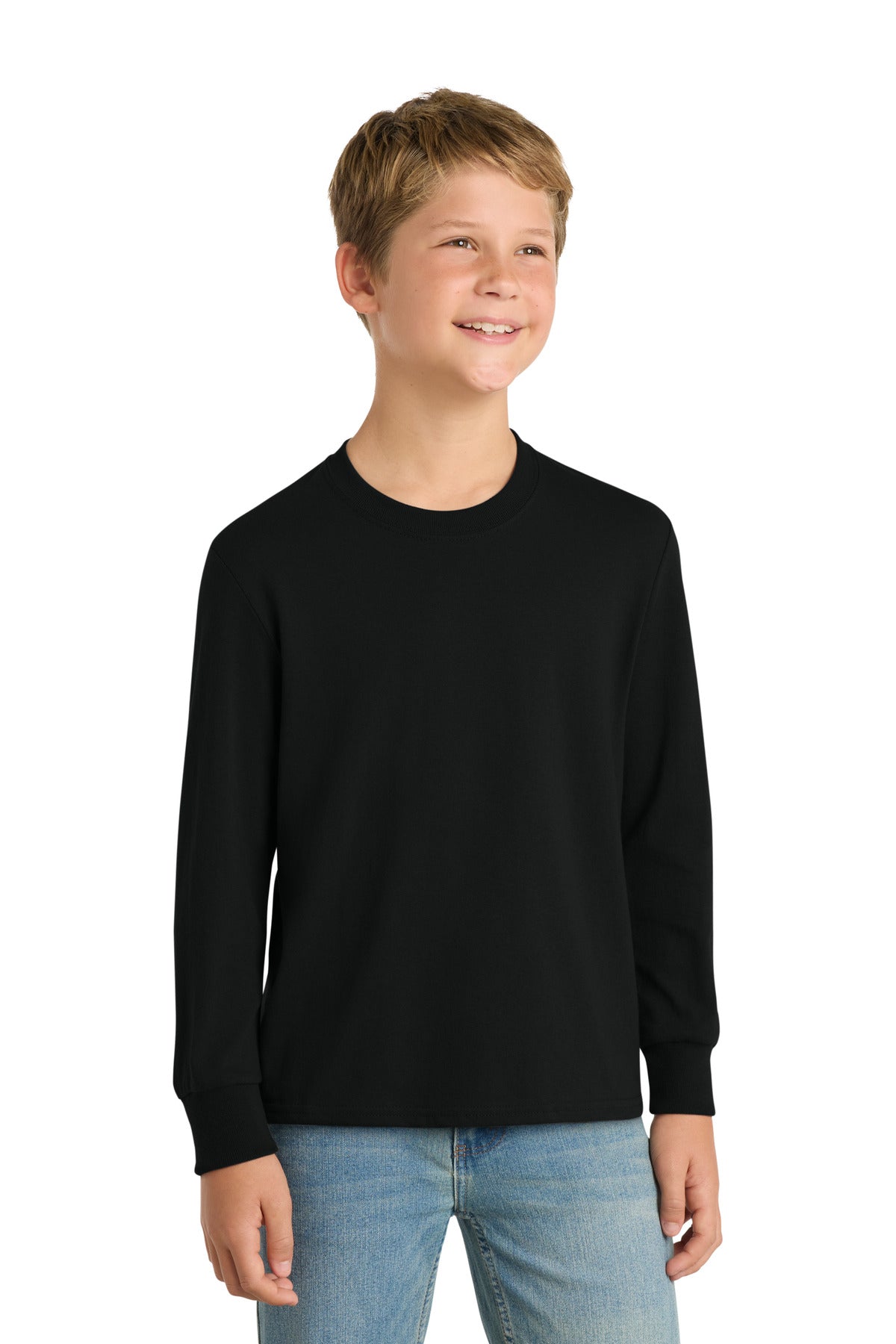 Custom Jet Black Youth Long Sleeve Core Cotton Tee PC54YLS, personalized by SanCanDo Swag in Argyle, TX