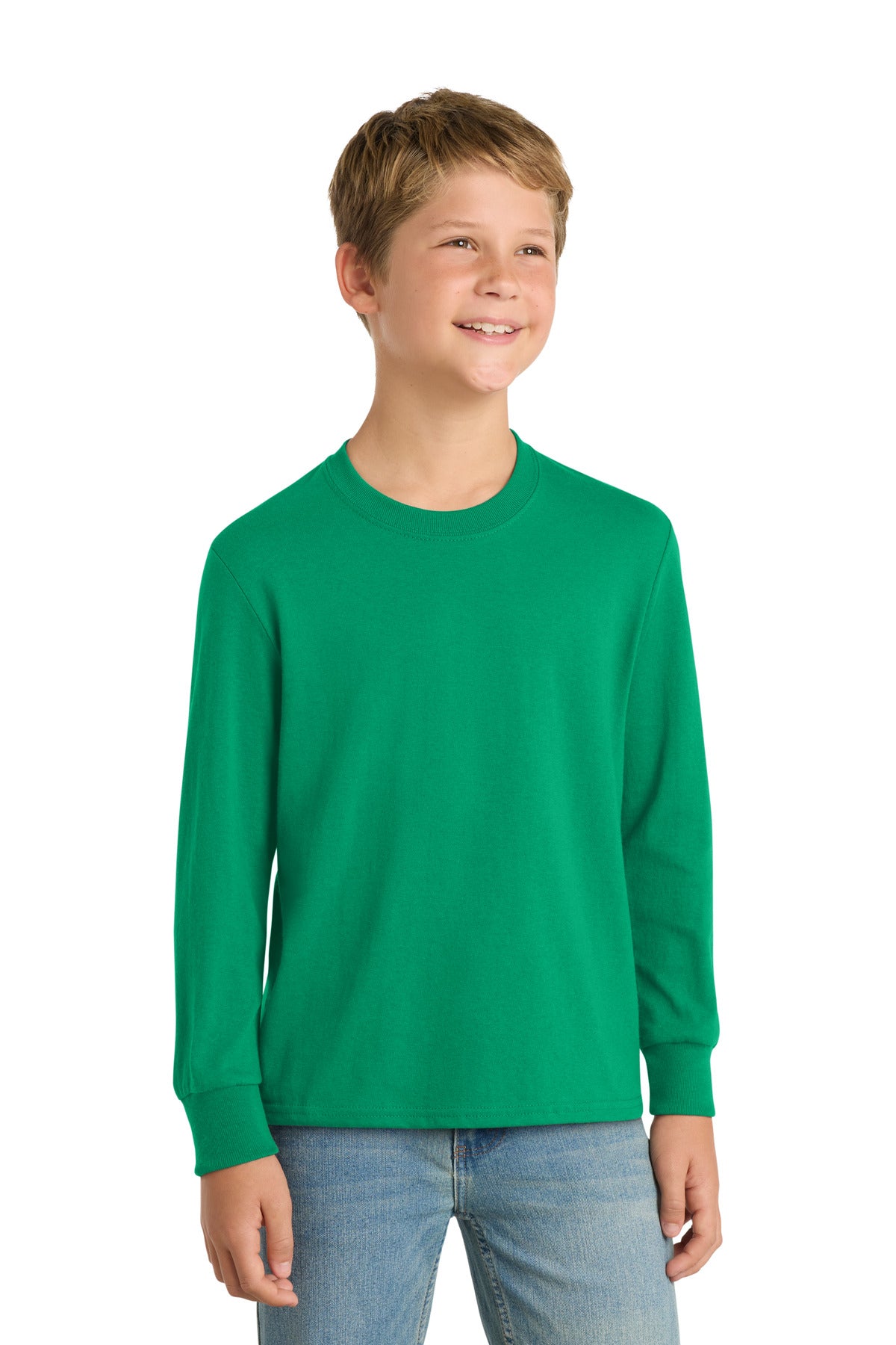 Custom Kelly Youth Long Sleeve Core Cotton Tee PC54YLS, personalized by SanCanDo Swag in Argyle, TX