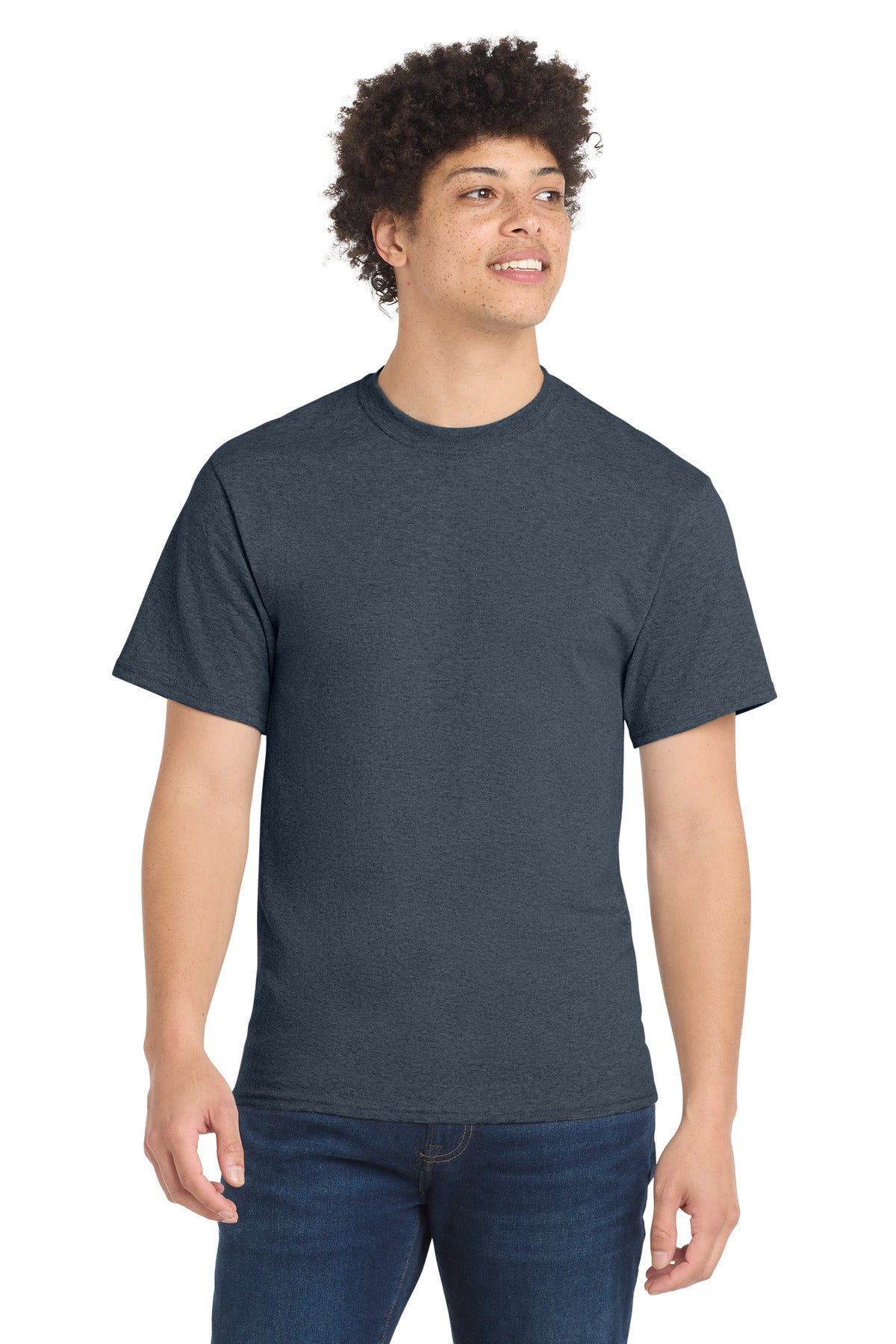 Custom Port & Company Core Blend Tee PC55 in Heather Navy, personalized by SanCanDo Swag in Argyle, TX