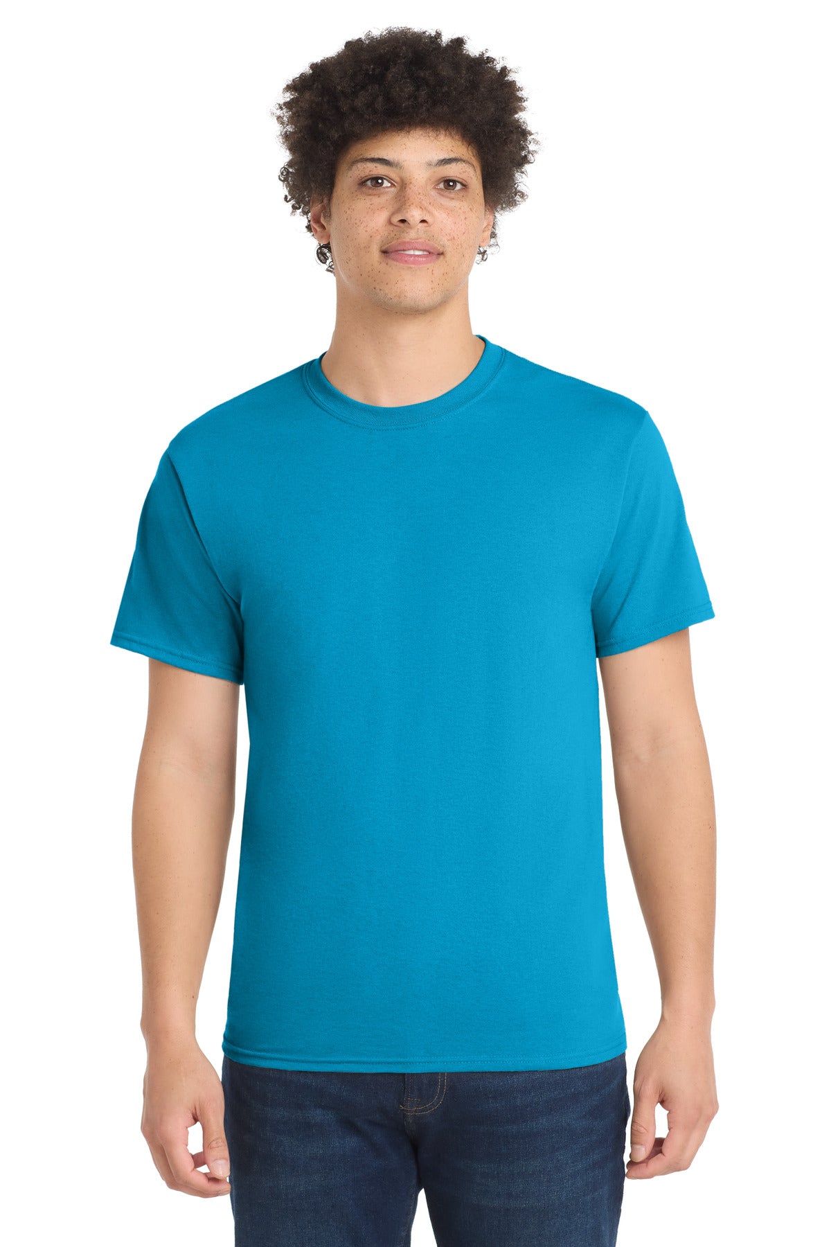 Custom Port & Company Core Blend Tee PC55 in Neon Blue, personalized by SanCanDo Swag in Argyle, TX