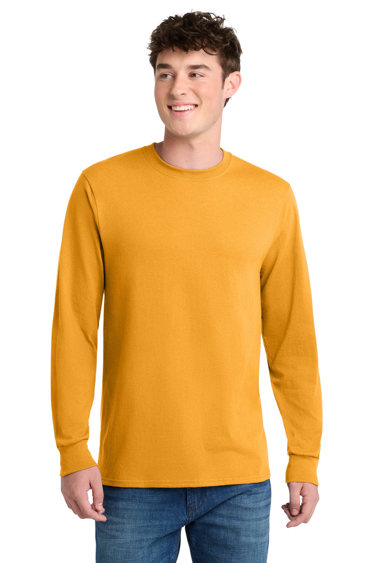 Custom Port & Company Long Sleeve Core Blend Tee PC55LS in Gold, personalized by SanCanDo Swag in Argyle, TX