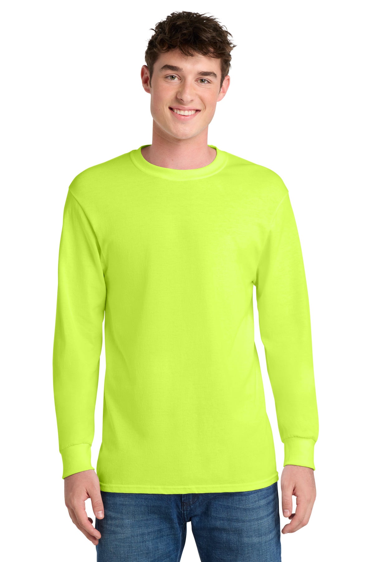 Custom Port & Company Tall Long Sleeve Core Blend Tee PC55LST in Safety Green, personalized by SanCanDo Swag in Argyle, TX
