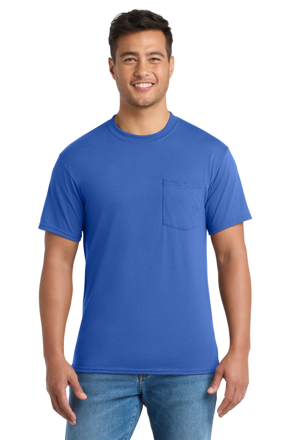 Custom Port & Company Core Blend Pocket Tee PC55P in Royal, personalized by SanCanDo Swag in Argyle, TX
