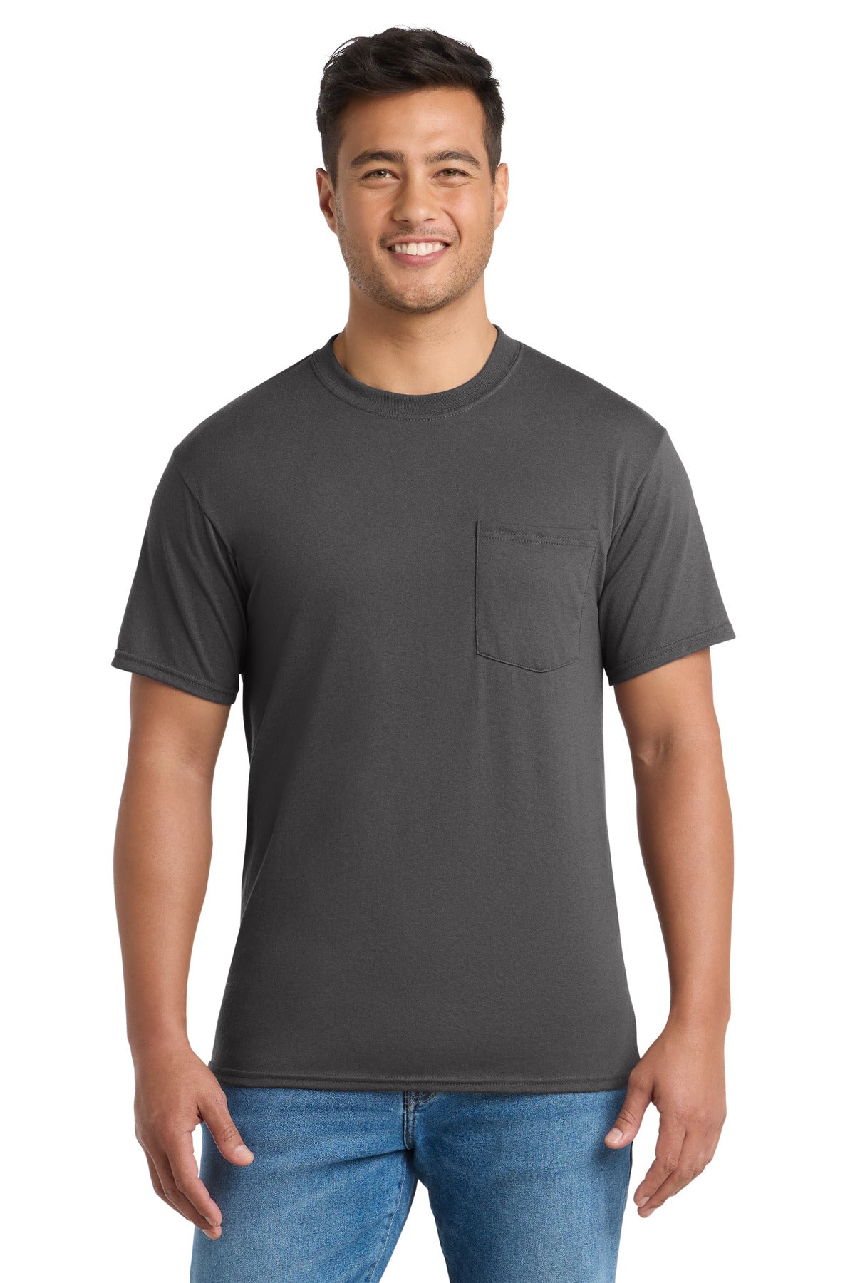 Custom Port & Company Core Blend Pocket Tee PC55P in Charcoal, personalized by SanCanDo Swag in Argyle, TX