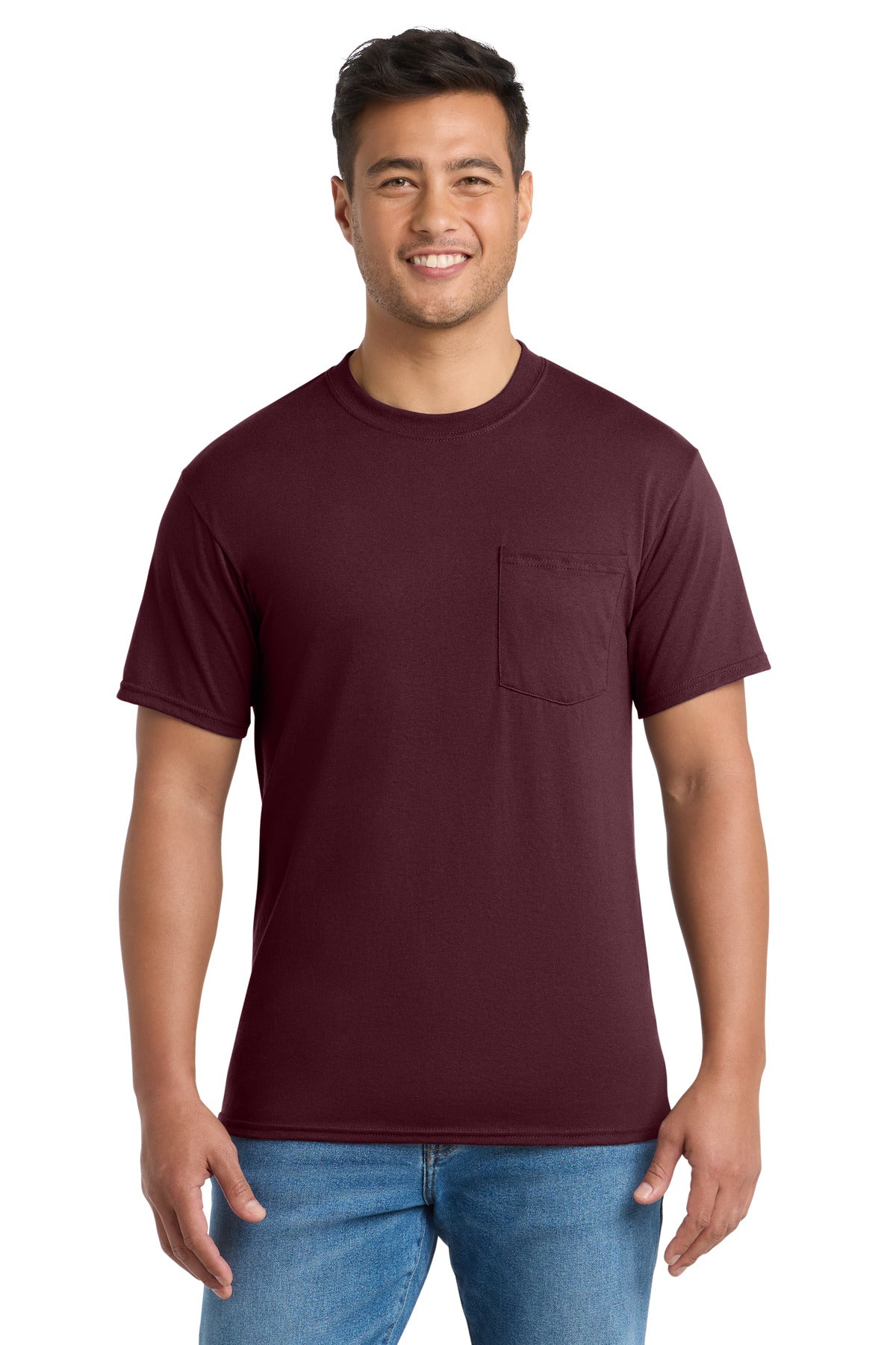 Custom Port & Company Tall Core Blend Pocket Tee PC55PT in Athletic Maroon, personalized by SanCanDo Swag in Argyle, TX