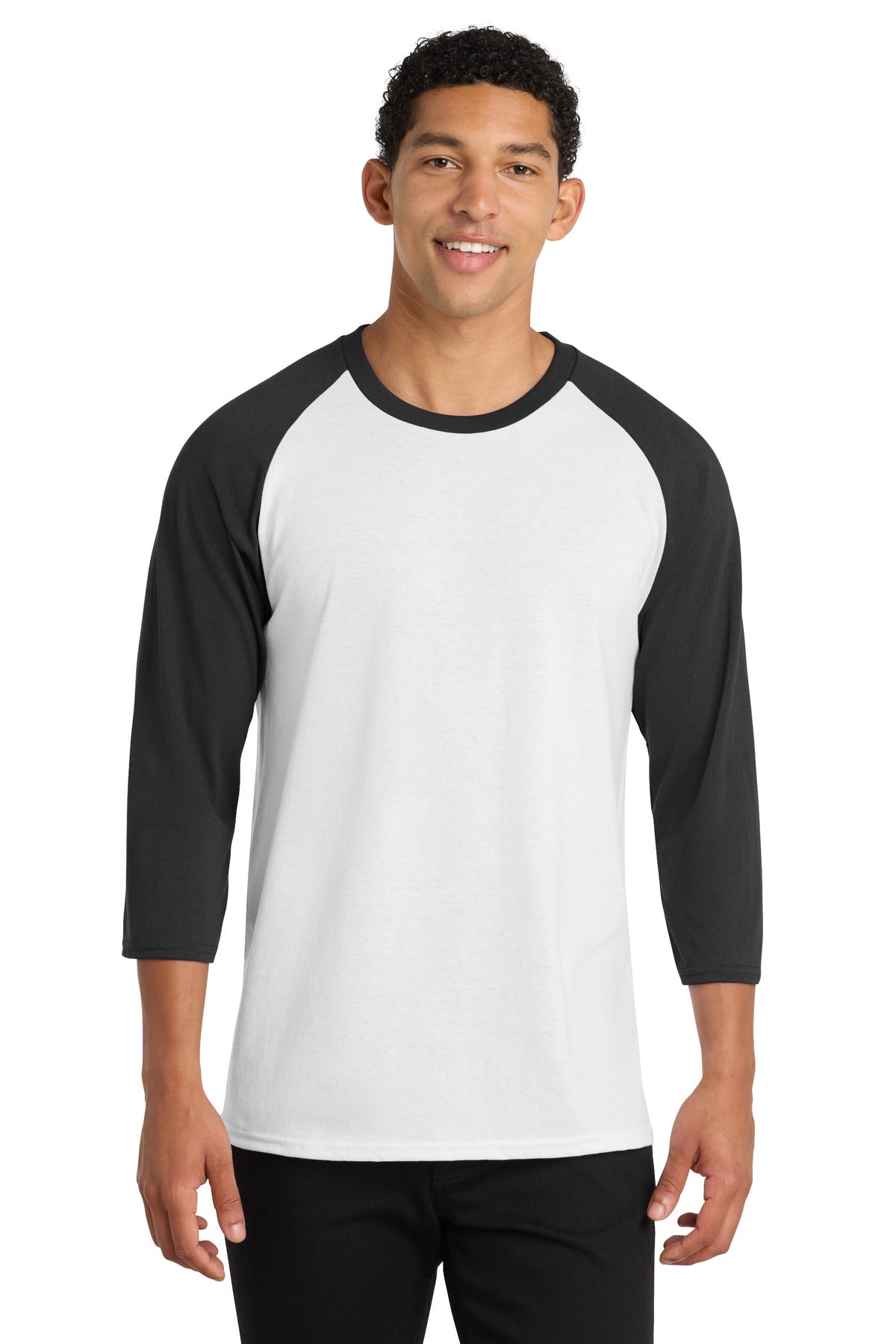 Custom Port & Company Core Blend 3/4-Sleeve Raglan Tee PC55RS in White/ Jet Black, personalized by SanCanDo Swag in Argyle, TX