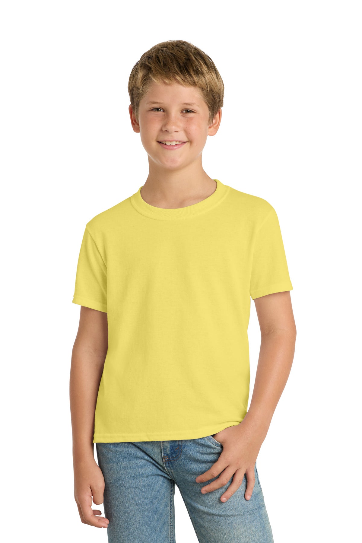 Custom Yellow Youth Core Blend Tee PC55Y, personalized by SanCanDo Swag in Argyle, TX