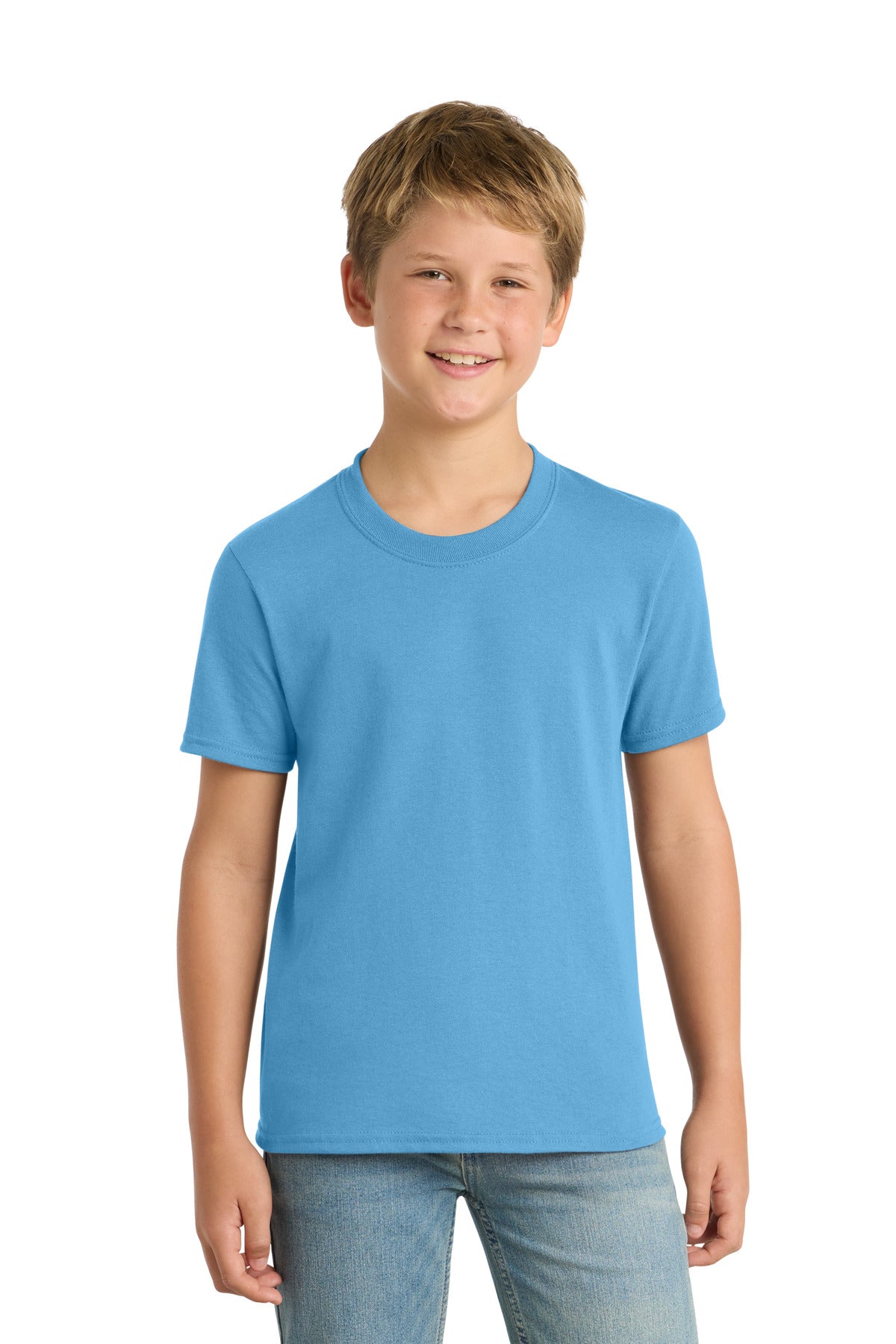 Custom Aquatic Blue Youth Core Blend Tee PC55Y, personalized by SanCanDo Swag in Argyle, TX