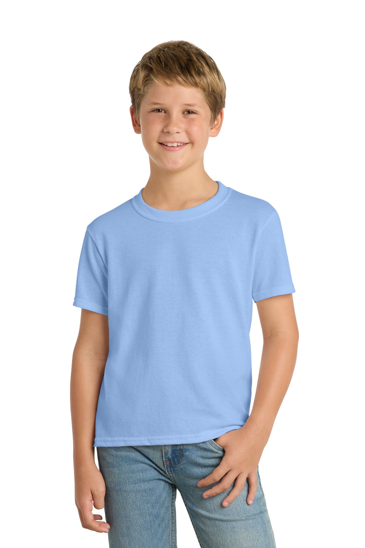 Custom Light Blue Youth Core Blend Tee PC55Y, personalized by SanCanDo Swag in Argyle, TX