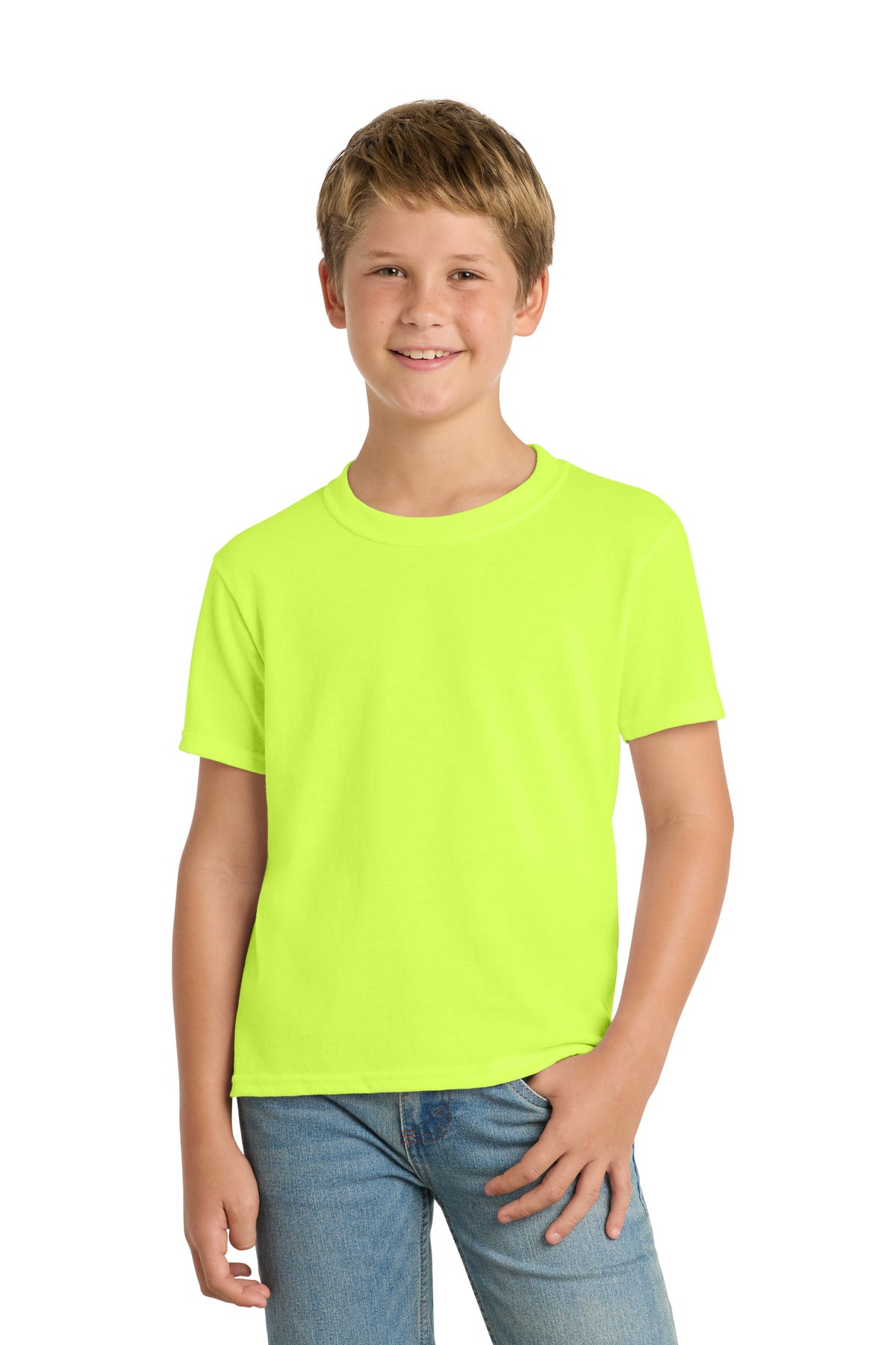 Custom Safety Green Youth Core Blend Tee PC55Y, personalized by SanCanDo Swag in Argyle, TX