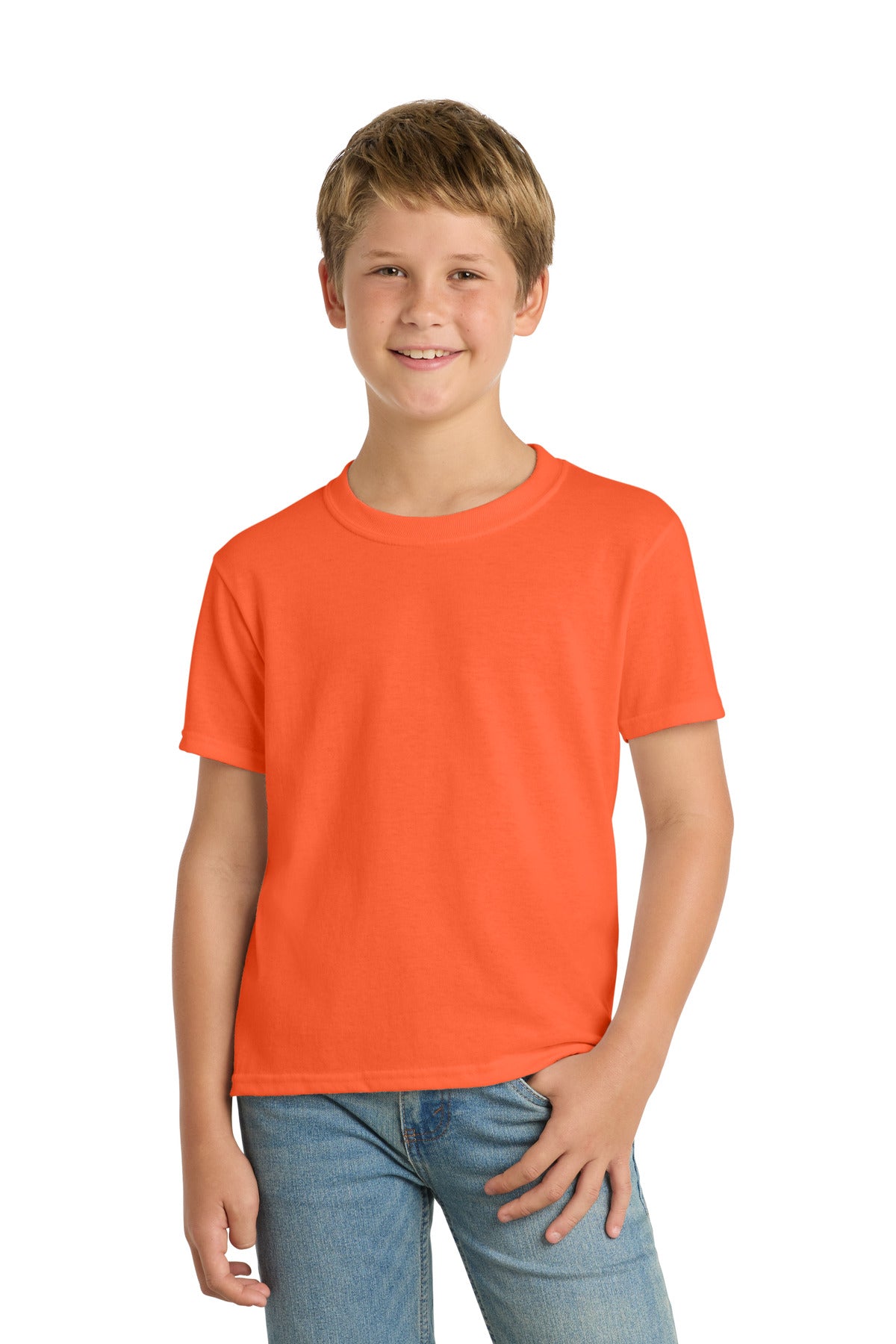 Custom Safety Orange Youth Core Blend Tee PC55Y, personalized by SanCanDo Swag in Argyle, TX