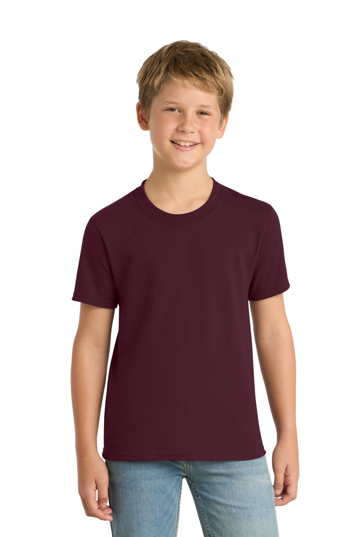 Custom Athletic Maroon Youth Core Blend Tee PC55Y, personalized by SanCanDo Swag in Argyle, TX