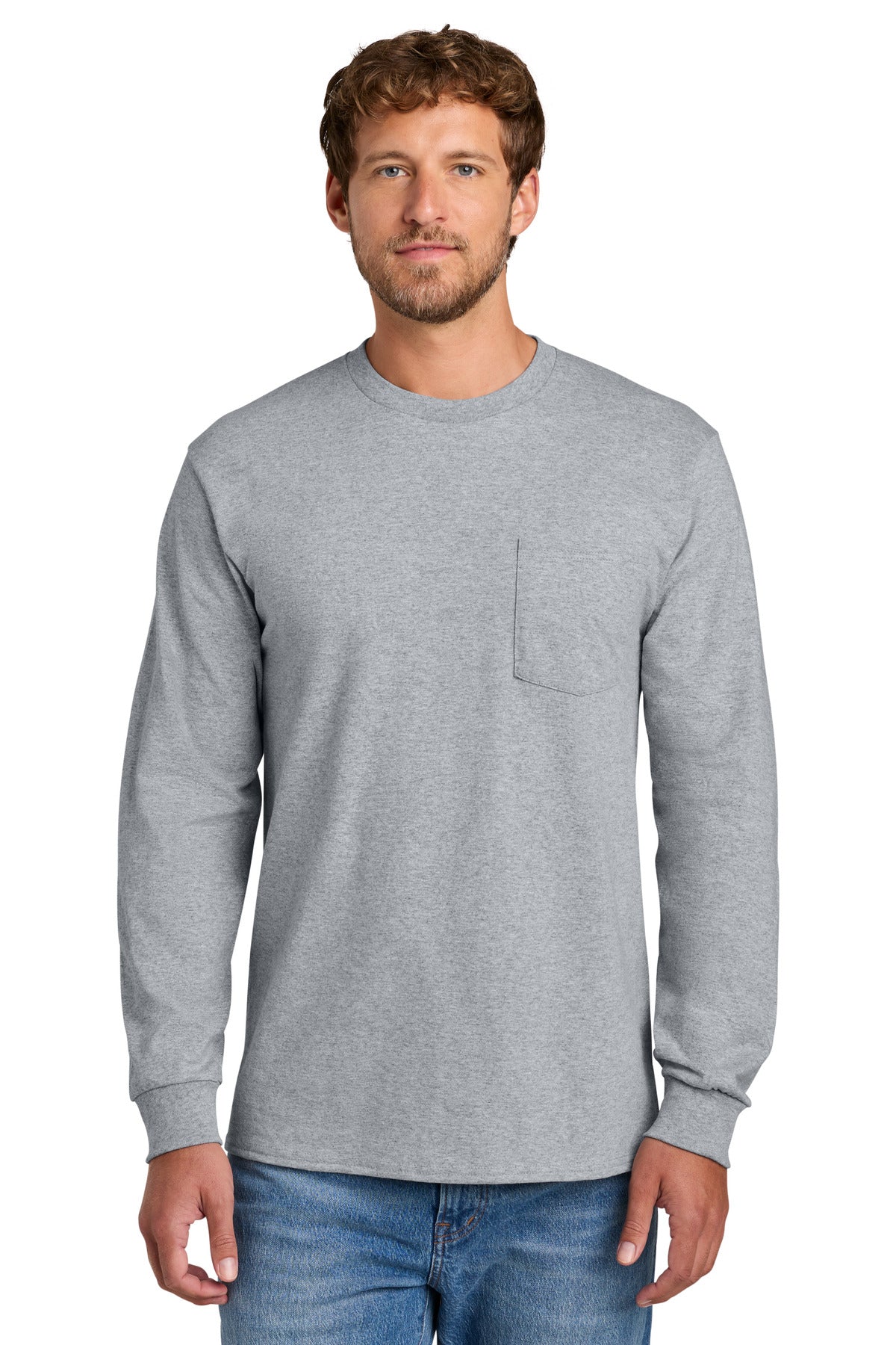 Custom Port & Company Long Sleeve Essential Pocket Tee PC61LSP in Athletic Heather, personalized by SanCanDo Swag in Argyle, TX