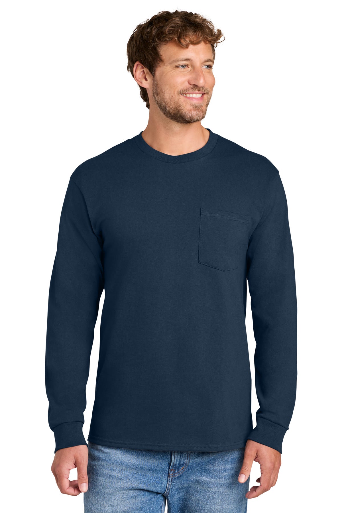 Custom Port & Company Tall Long Sleeve Essential Pocket Tee PC61LSPT in Navy, personalized by SanCanDo Swag in Argyle, TX