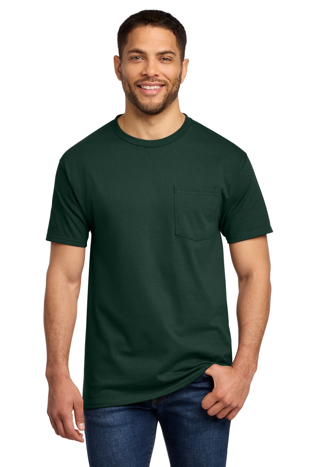 Custom Port & Company Essential Pocket Tee PC61P in Dark Green, personalized by SanCanDo Swag in Argyle, TX