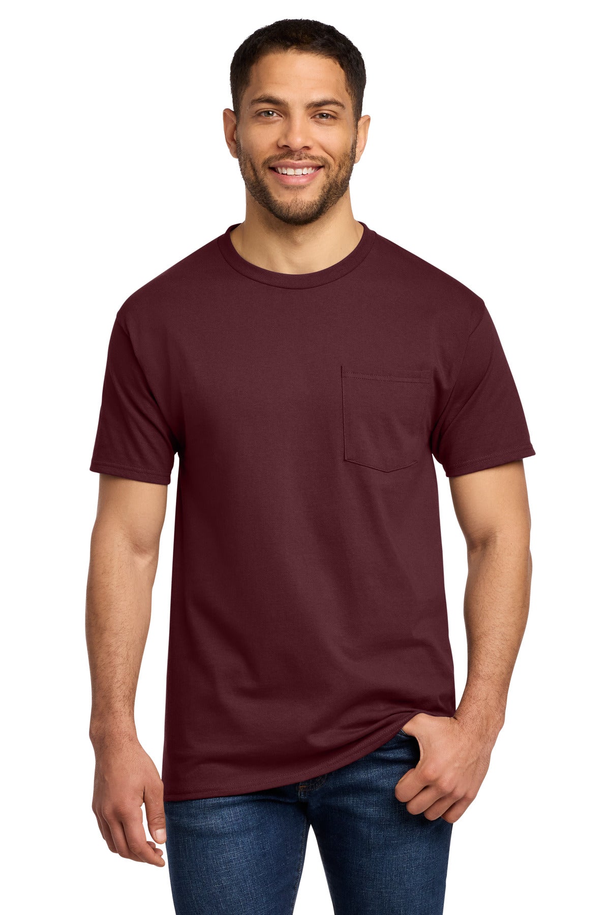 Custom Port & Company Tall Essential Pocket Tee PC61PT in Athletic Maroon, personalized by SanCanDo Swag in Argyle, TX