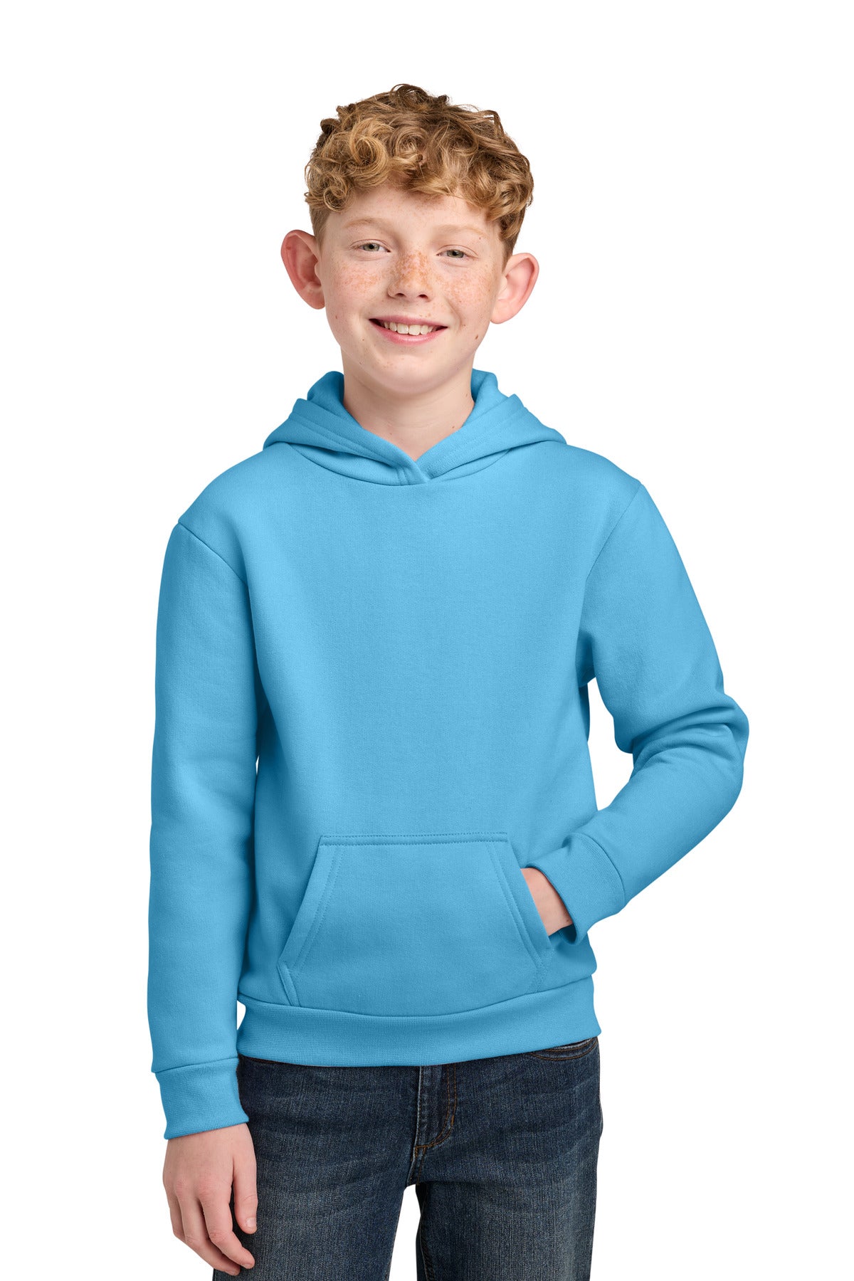 Custom Aquatic Blue Youth Easy Fleece Hoodie PC68YH, personalized by SanCanDo Swag in Argyle, TX