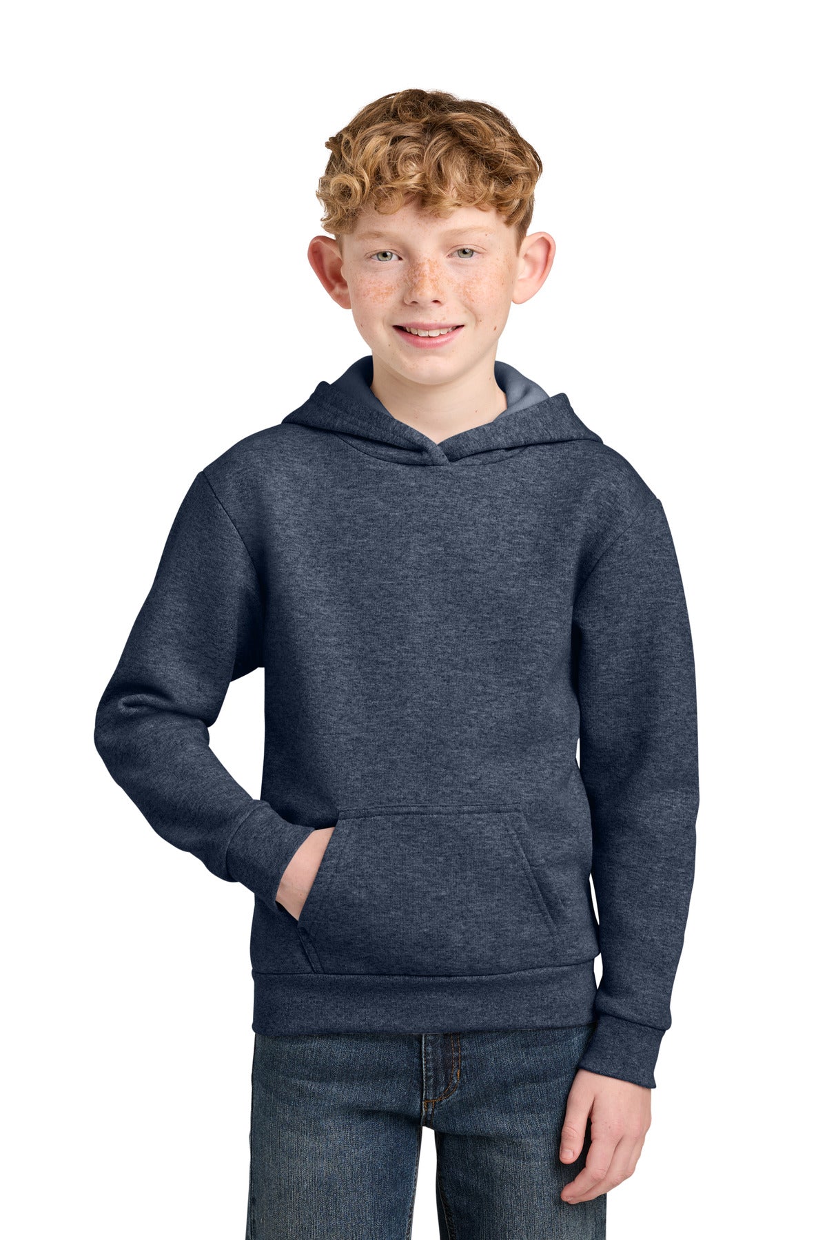 Custom Heather Navy Youth Easy Fleece Hoodie PC68YH, personalized by SanCanDo Swag in Argyle, TX