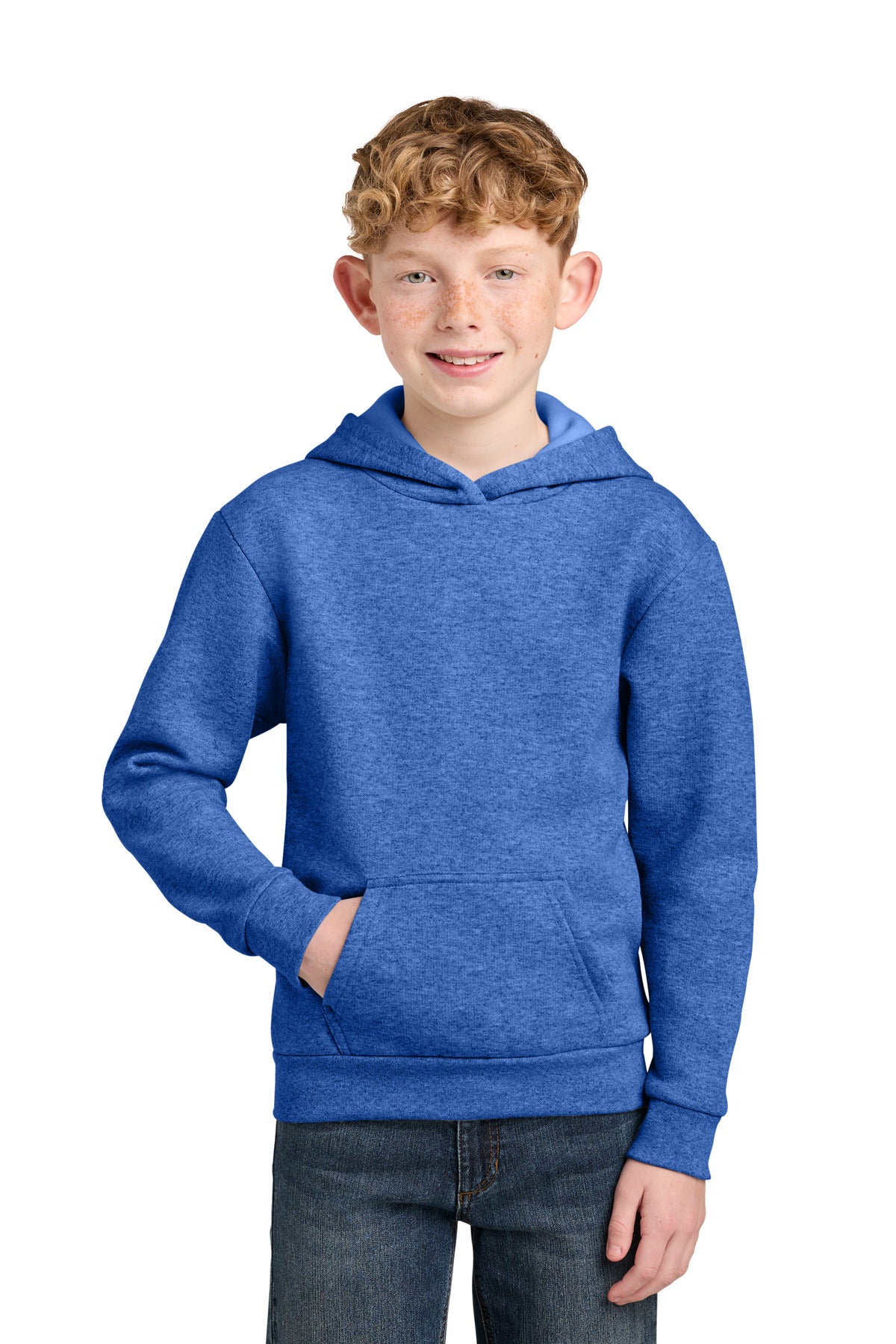 Custom Heather Royal Youth Easy Fleece Hoodie PC68YH, personalized by SanCanDo Swag in Argyle, TX