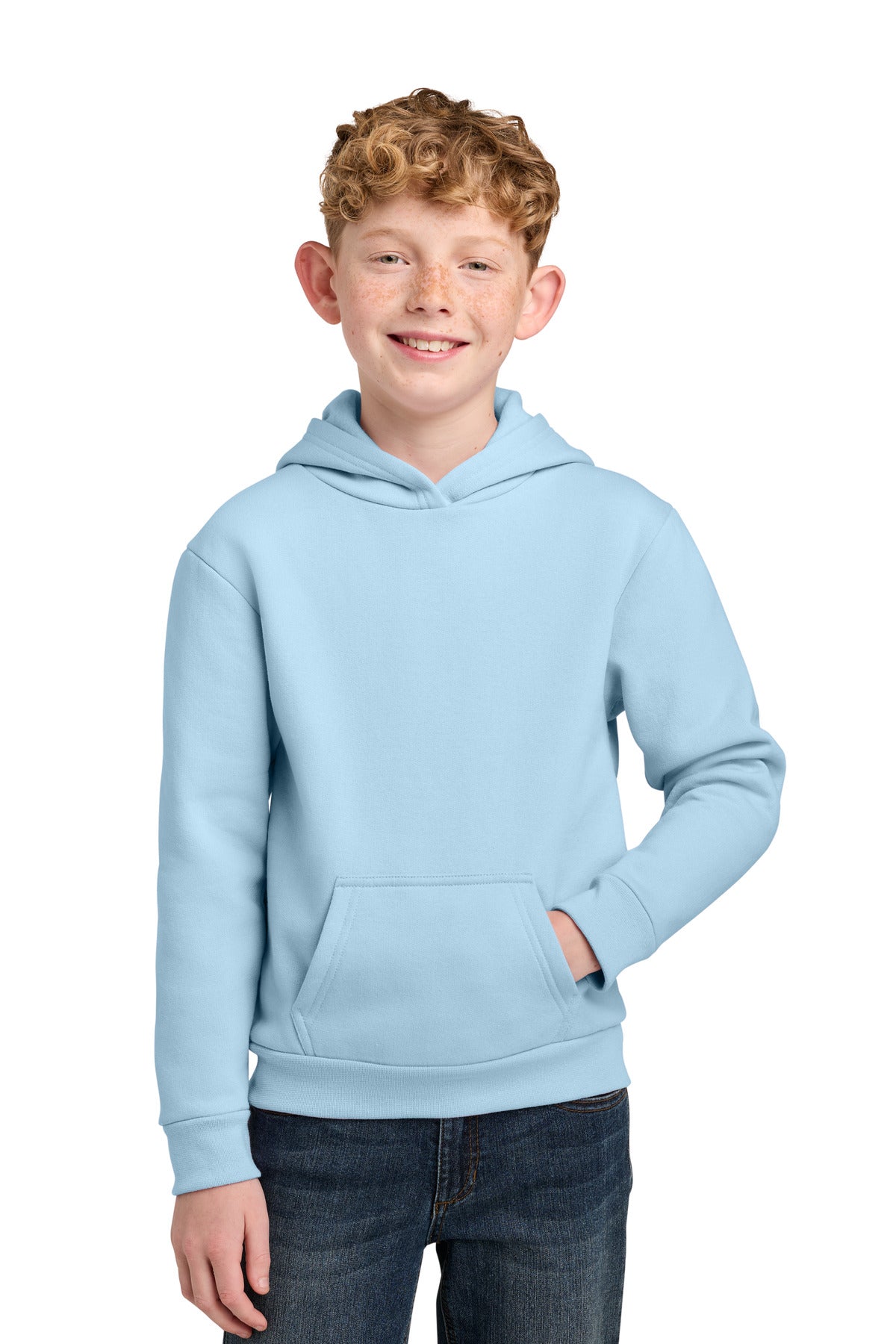 Custom Ice Blue Youth Easy Fleece Hoodie PC68YH, personalized by SanCanDo Swag in Argyle, TX