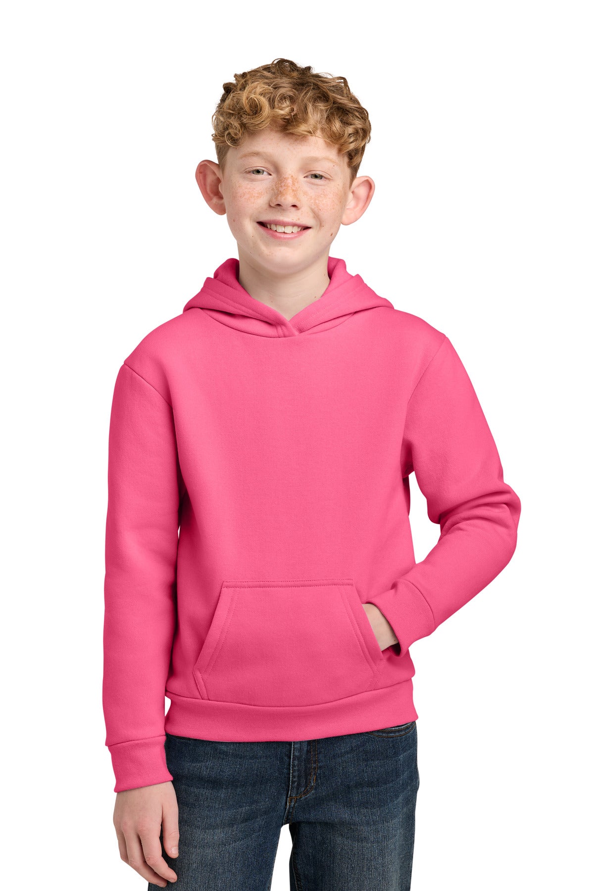 Custom Neon Pink Youth Easy Fleece Hoodie PC68YH, personalized by SanCanDo Swag in Argyle, TX