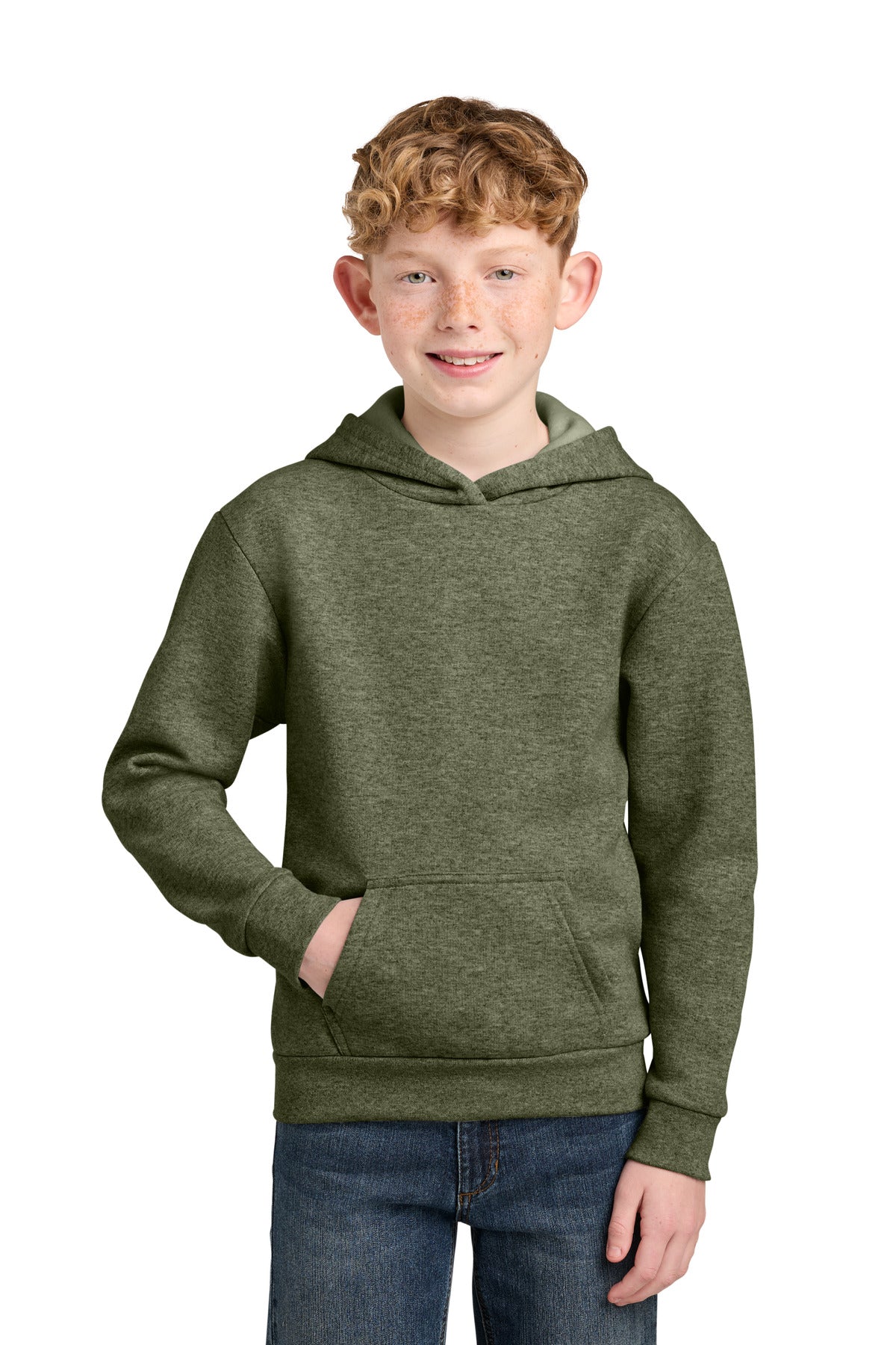 Custom Olive Drab Green Heather Youth Easy Fleece Hoodie PC68YH, personalized by SanCanDo Swag in Argyle, TX