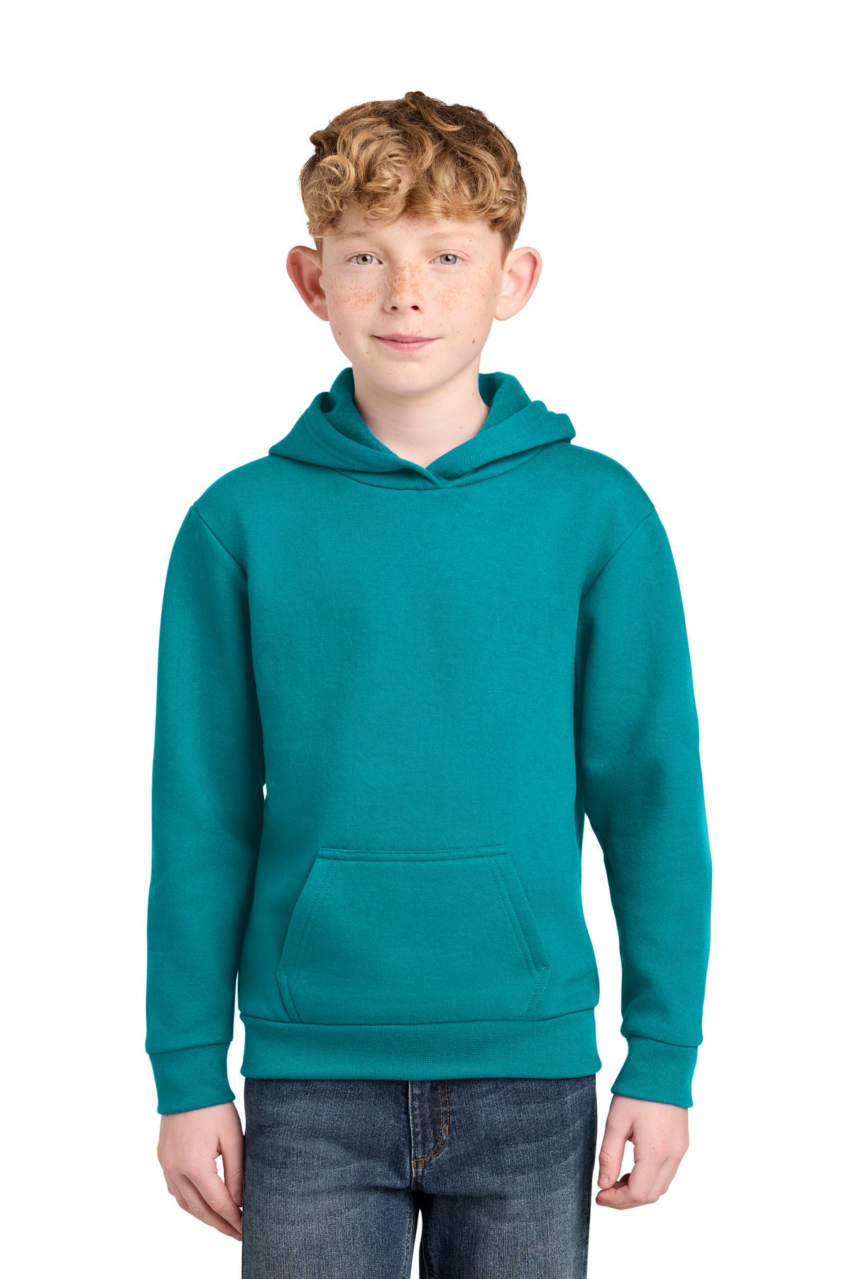 Custom Bright Aqua Youth Easy Fleece Hoodie PC68YH, personalized by SanCanDo Swag in Argyle, TX