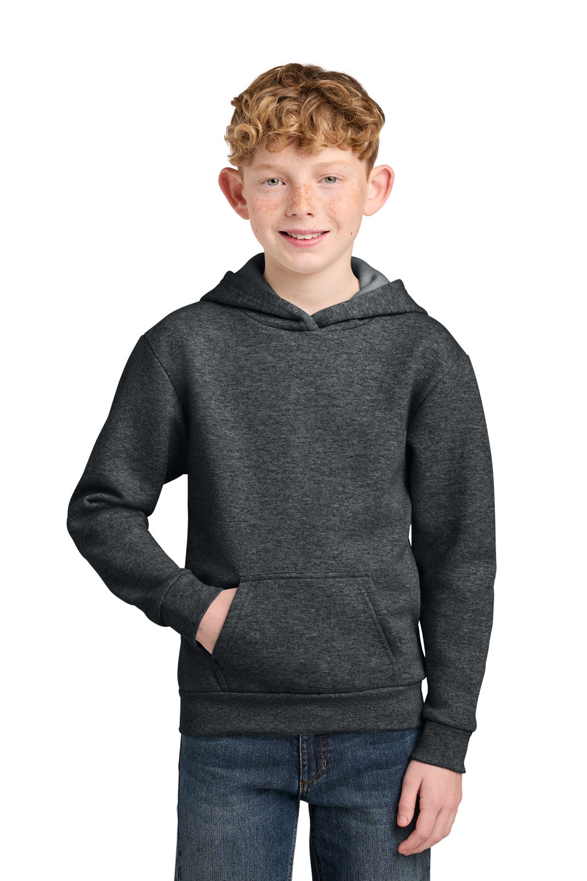 Custom Dark Heather Grey Youth Easy Fleece Hoodie PC68YH, personalized by SanCanDo Swag in Argyle, TX