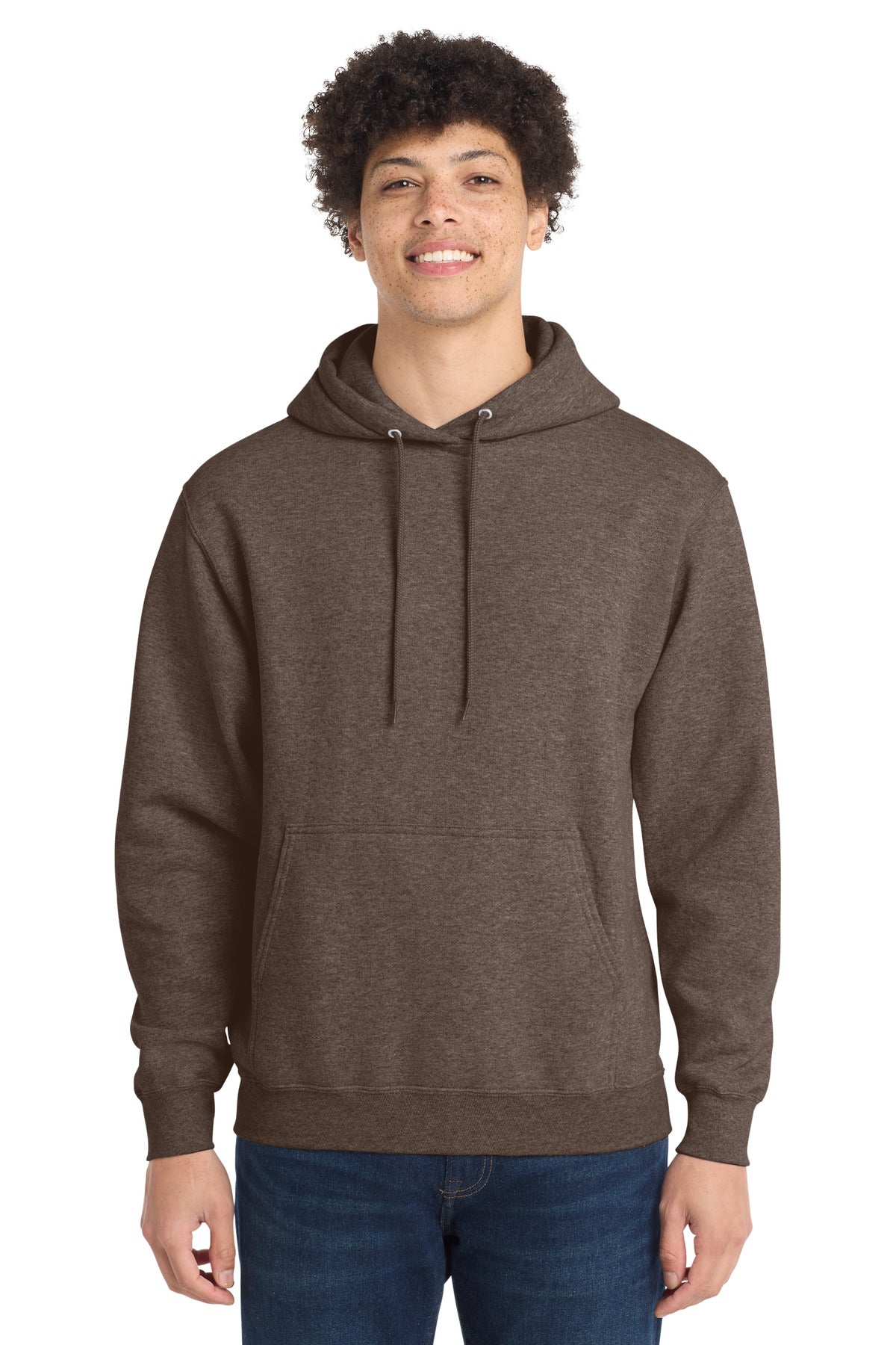 Custom Heather Dark Chocolate Brown Core Fleece Hoodie PC78H, personalized by SanCanDo Swag in Argyle, TX