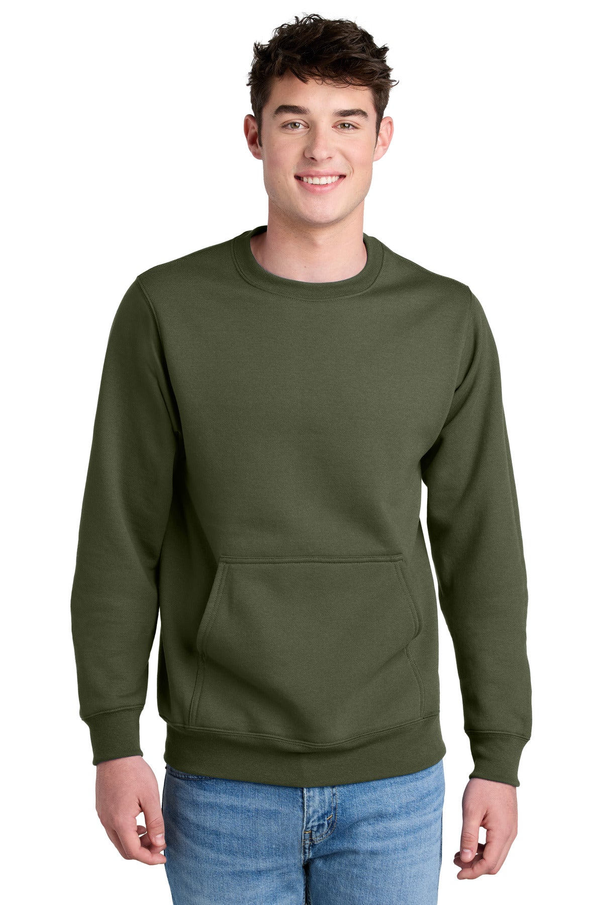 Custom Olive Drab Green Core Fleece Crewneck Pocket Sweatshirt PC78PKT, personalized by SanCanDo Swag in Argyle, TX