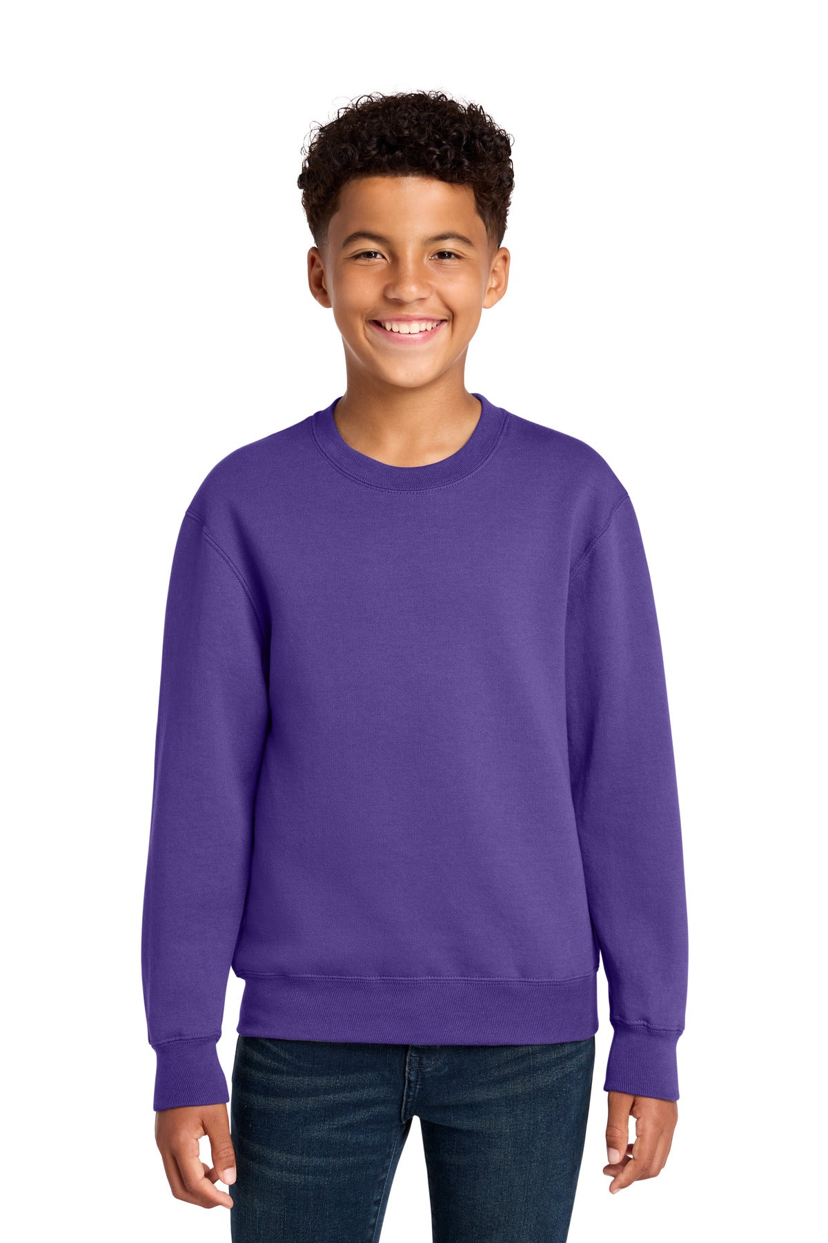 Custom Purple Youth Core Fleece Crewneck PC78Y, personalized by SanCanDo Swag in Argyle, TX