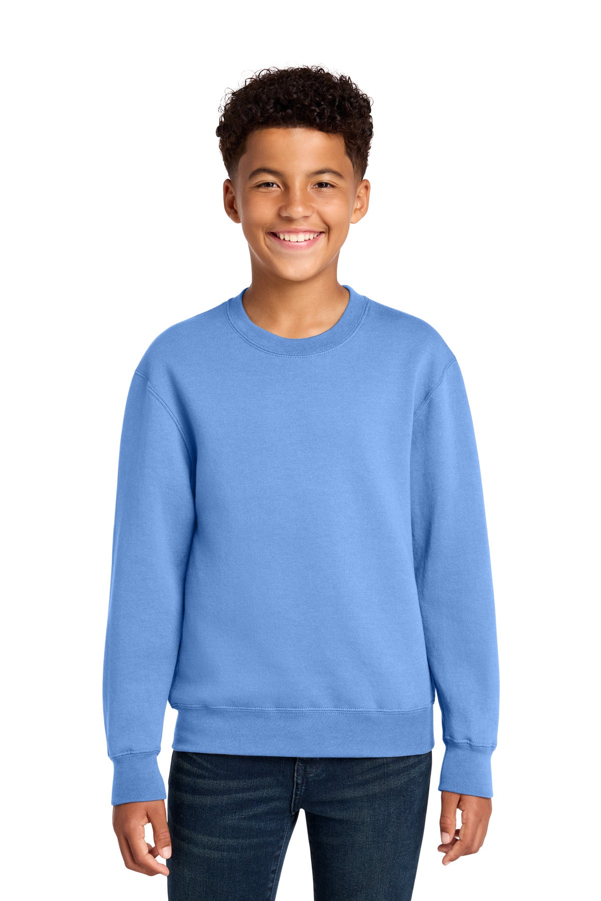 Custom Carolina Blue Youth Core Fleece Crewneck PC78Y, personalized by SanCanDo Swag in Argyle, TX