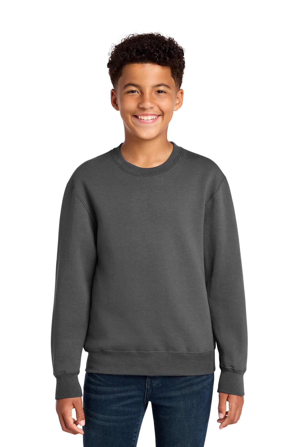 Custom Charcoal Youth Core Fleece Crewneck PC78Y, personalized by SanCanDo Swag in Argyle, TX