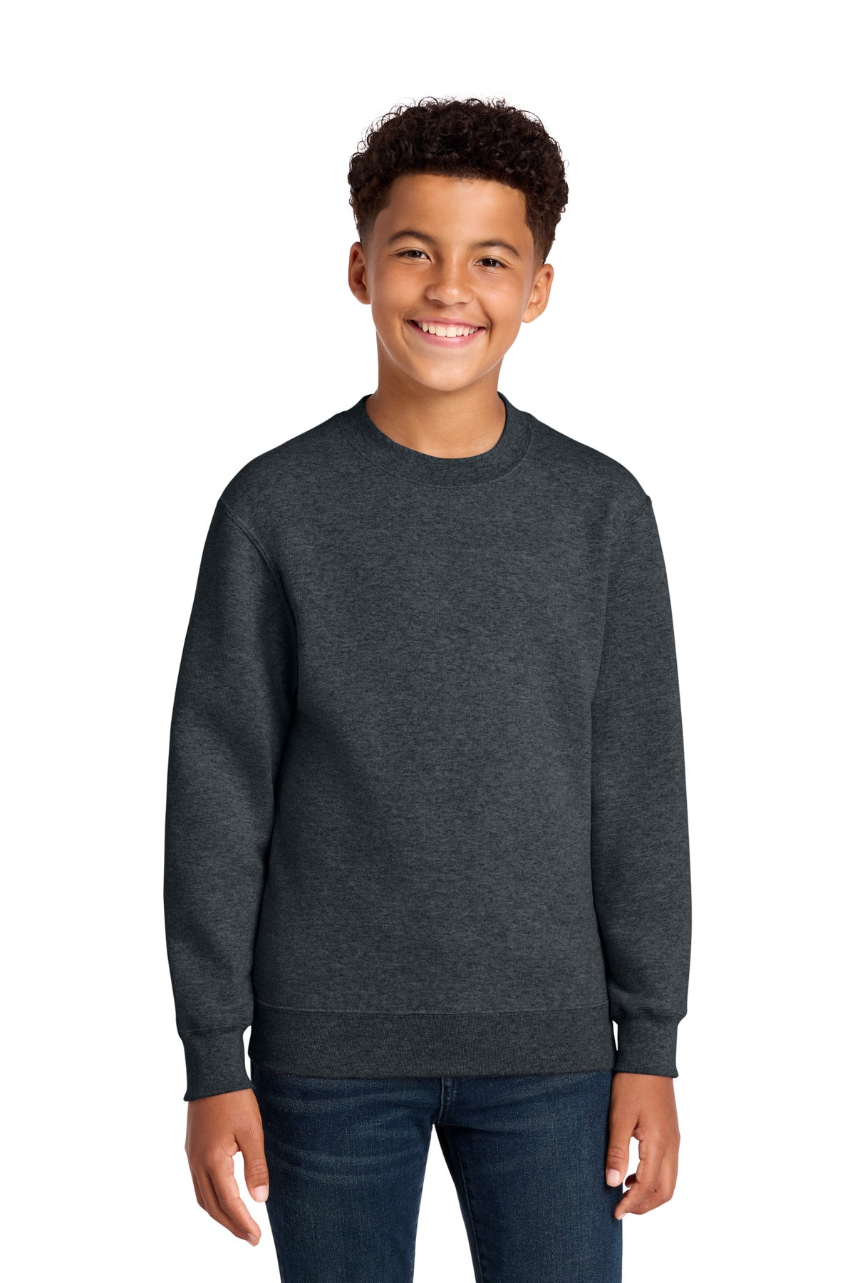 Custom Dark Heather Grey Youth Core Fleece Crewneck PC78Y, personalized by SanCanDo Swag in Argyle, TX