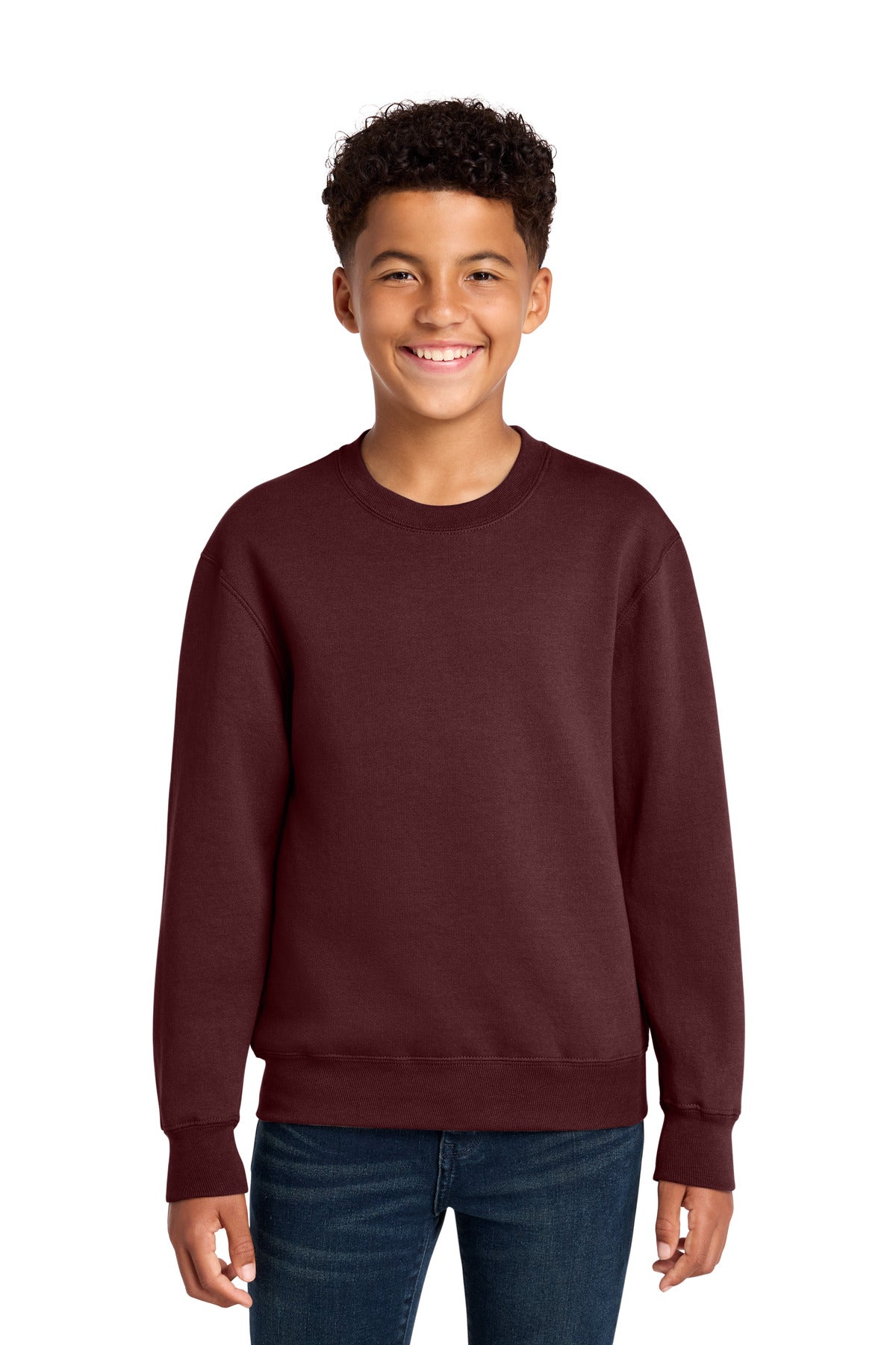 Custom Maroon Youth Core Fleece Crewneck PC78Y, personalized by SanCanDo Swag in Argyle, TX