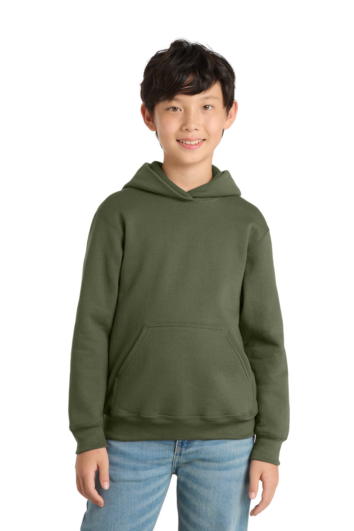Custom Olive Drab Green Youth Core Fleece Hoodie PC78YH, personalized by SanCanDo Swag in Argyle, TX