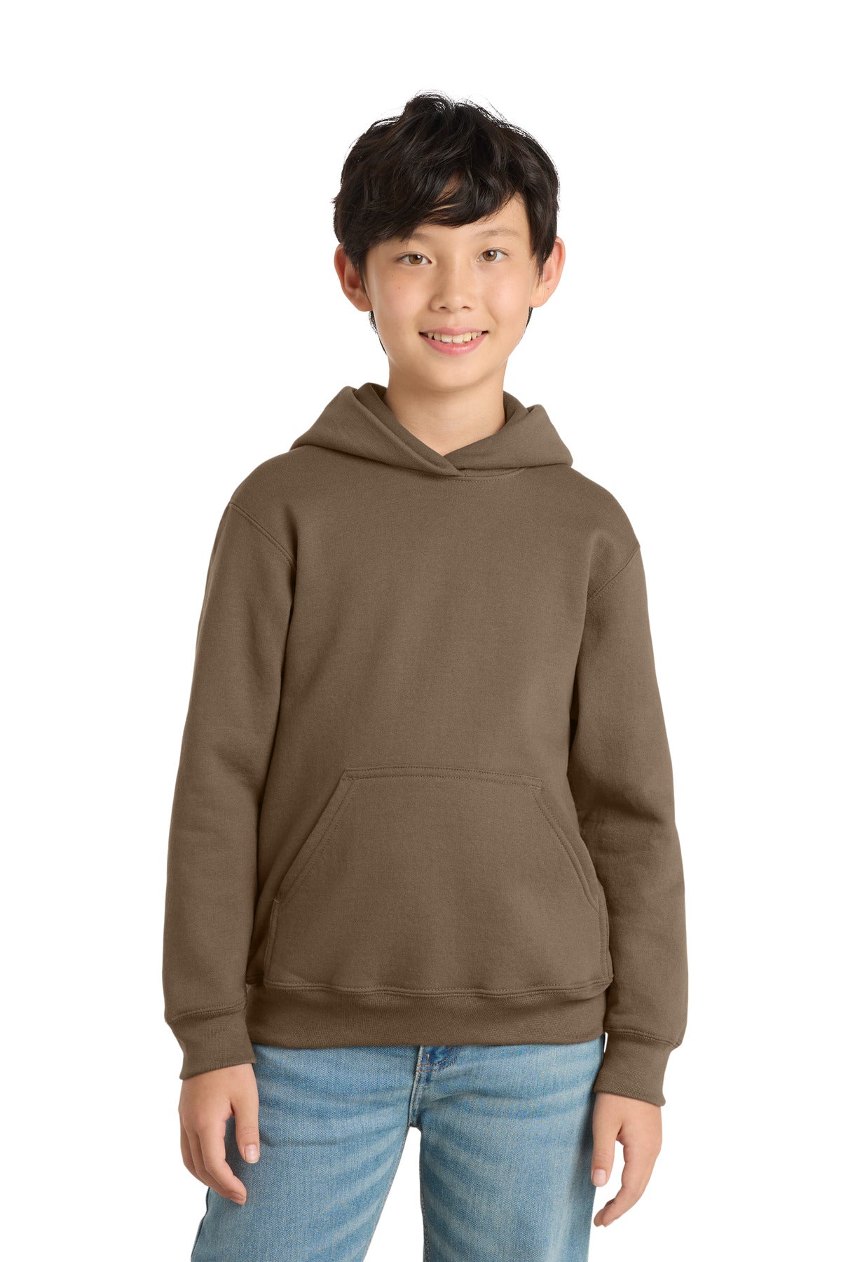 Custom Woodland Brown Youth Core Fleece Hoodie PC78YH, personalized by SanCanDo Swag in Argyle, TX