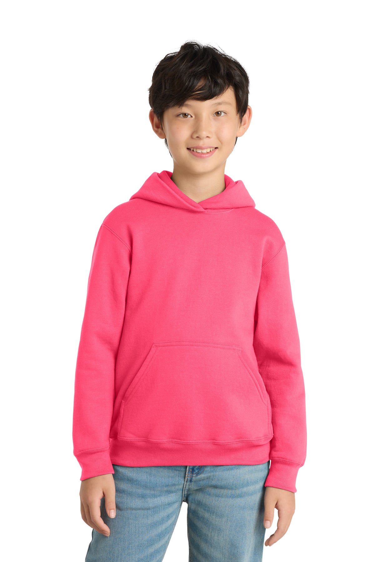 Custom Neon Pink Youth Core Fleece Hoodie PC78YH, personalized by SanCanDo Swag in Argyle, TX