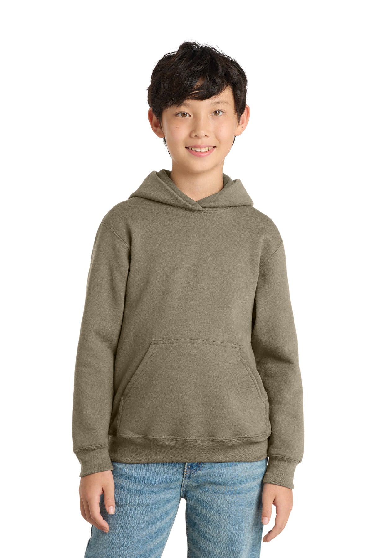 Custom Coyote Brown Youth Core Fleece Hoodie PC78YH, personalized by SanCanDo Swag in Argyle, TX