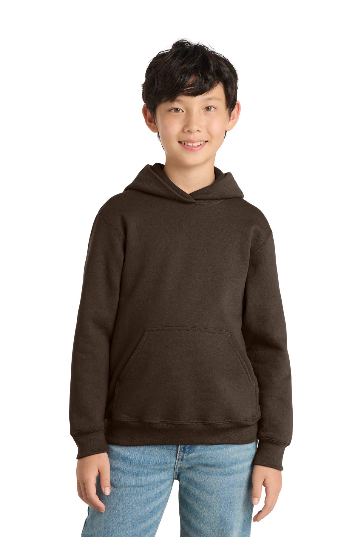 Custom Dark Chocolate Brown Youth Core Fleece Hoodie PC78YH, personalized by SanCanDo Swag in Argyle, TX