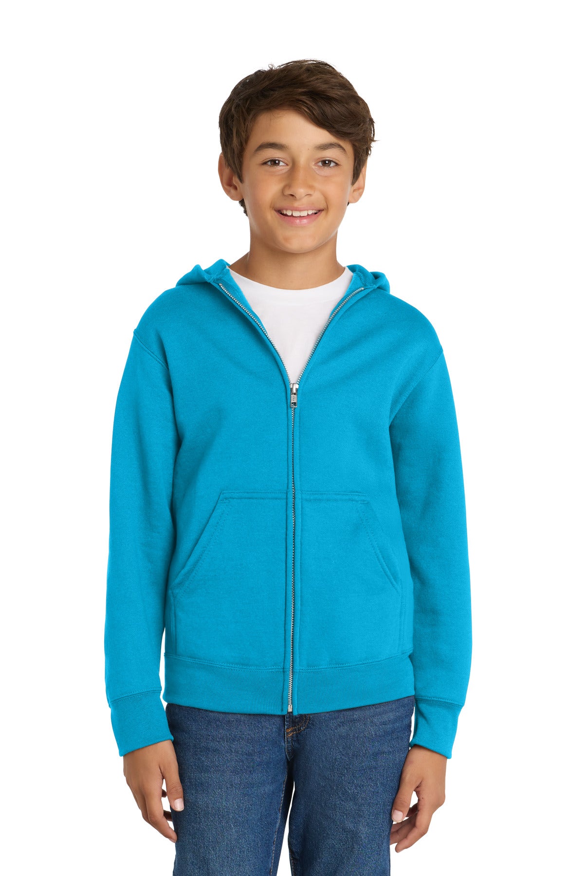 Custom Neon Blue Youth Core Fleece Full-Zip Hoodie PC78YZH, personalized by SanCanDo Swag in Argyle, TX