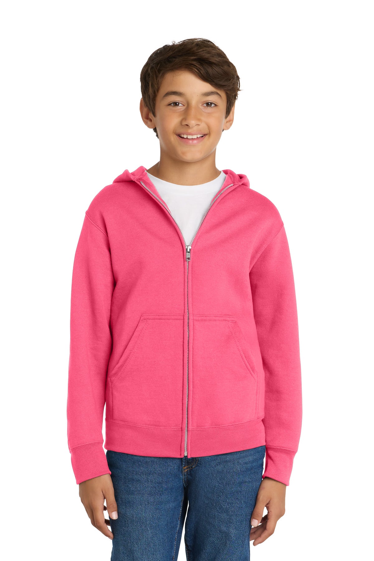 Custom Neon Pink Youth Core Fleece Full-Zip Hoodie PC78YZH, personalized by SanCanDo Swag in Argyle, TX