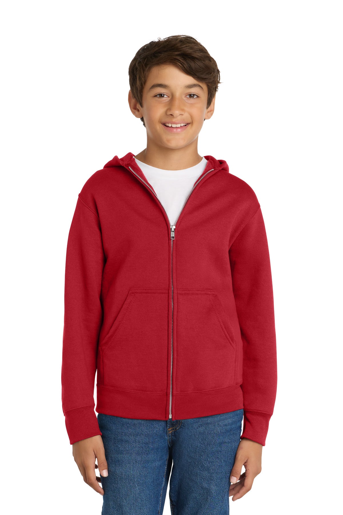Custom Red Youth Core Fleece Full-Zip Hoodie PC78YZH, personalized by SanCanDo Swag in Argyle, TX