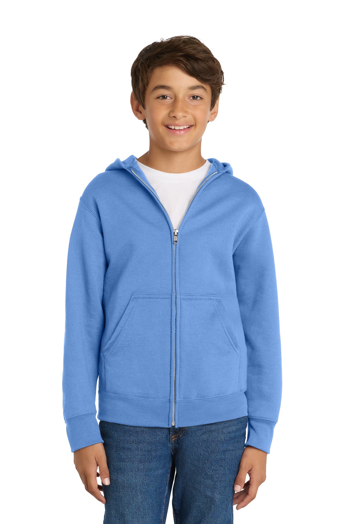 Custom Carolina Blue Youth Core Fleece Full-Zip Hoodie PC78YZH, personalized by SanCanDo Swag in Argyle, TX
